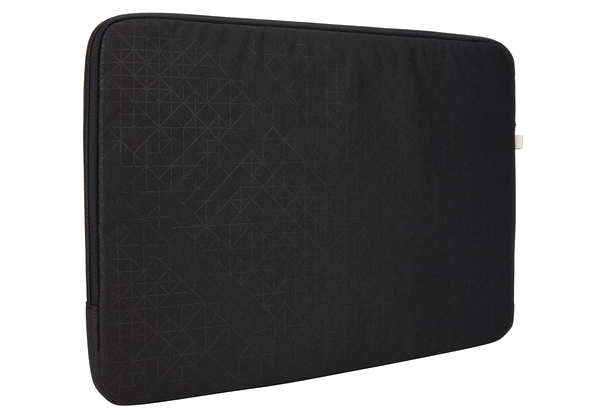 Egy fekete laptop tok geometrikus mintával. A tok cipzárral van zárva.
