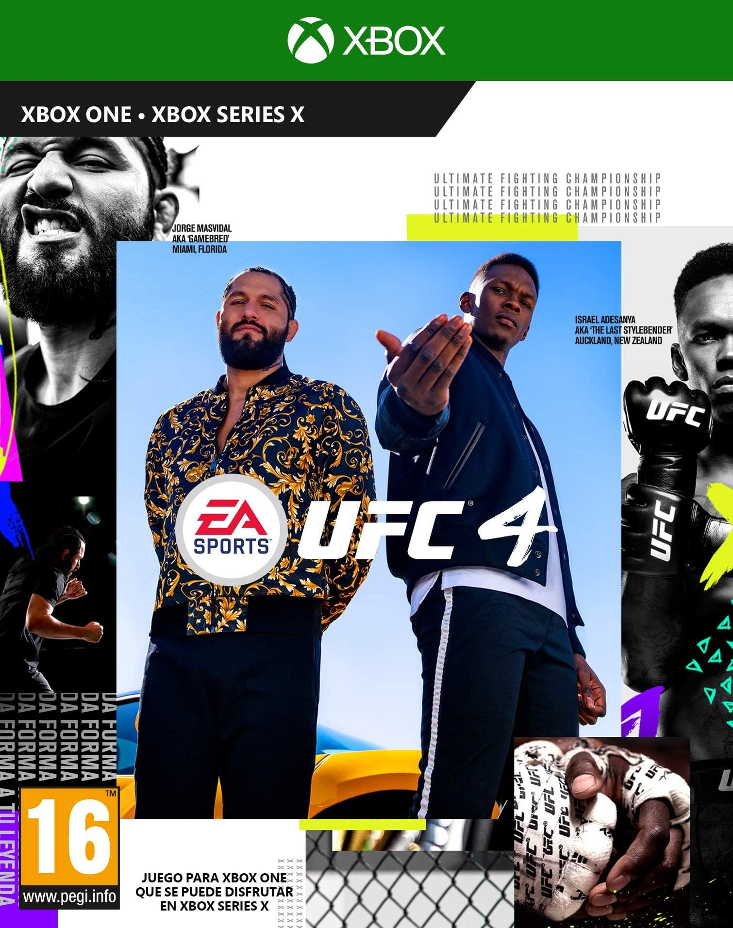 Portada del juego UFC 4. Dos hombres se enfrentan. Uno levanta la mano. El fondo muestra un coche amarillo.