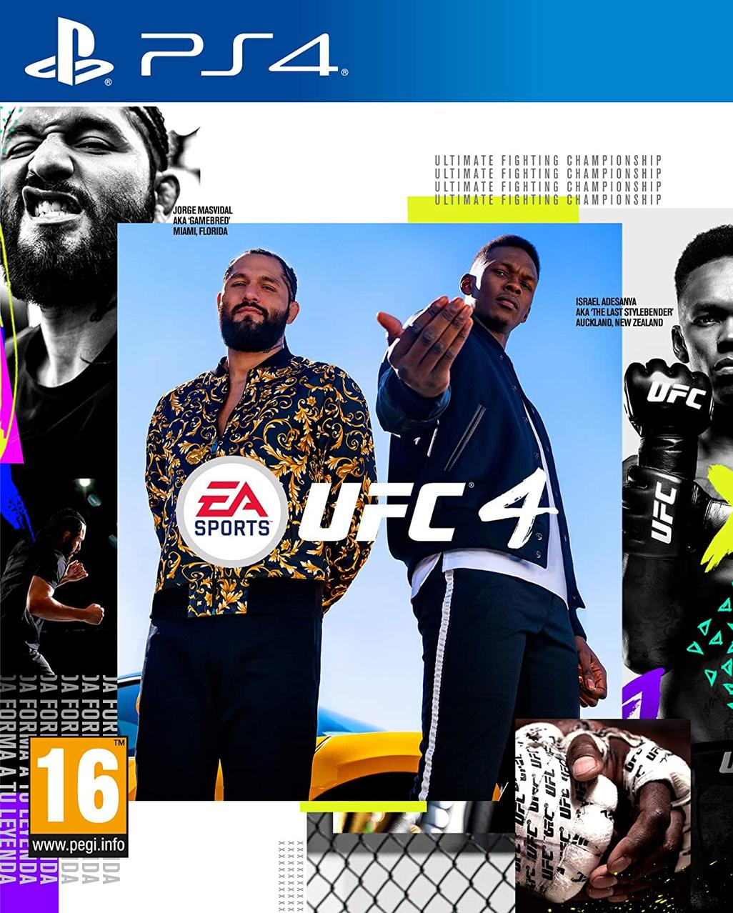 Portada del juego UFC 4: Luchadores frente a un coche amarillo, texto y logotipos.