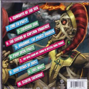 Die Rückseite einer CD-Hülle mit Songtiteln und einer Abbildung einer schädelartigen Figur.