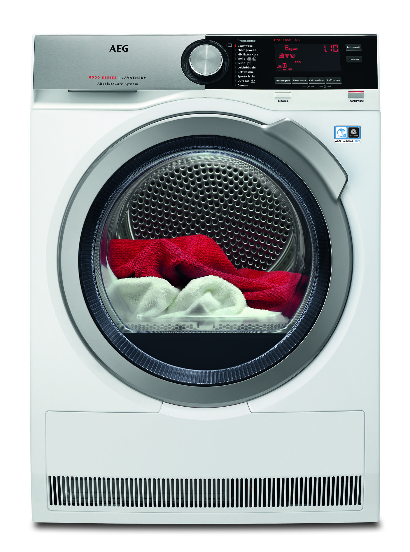 AEG T8DE86685 Wärmepumpentrockner Serie 8000 mit AbsoluteCare Trommelsteuerung (8 kg, A+++, Weiß / Silber / Silber)