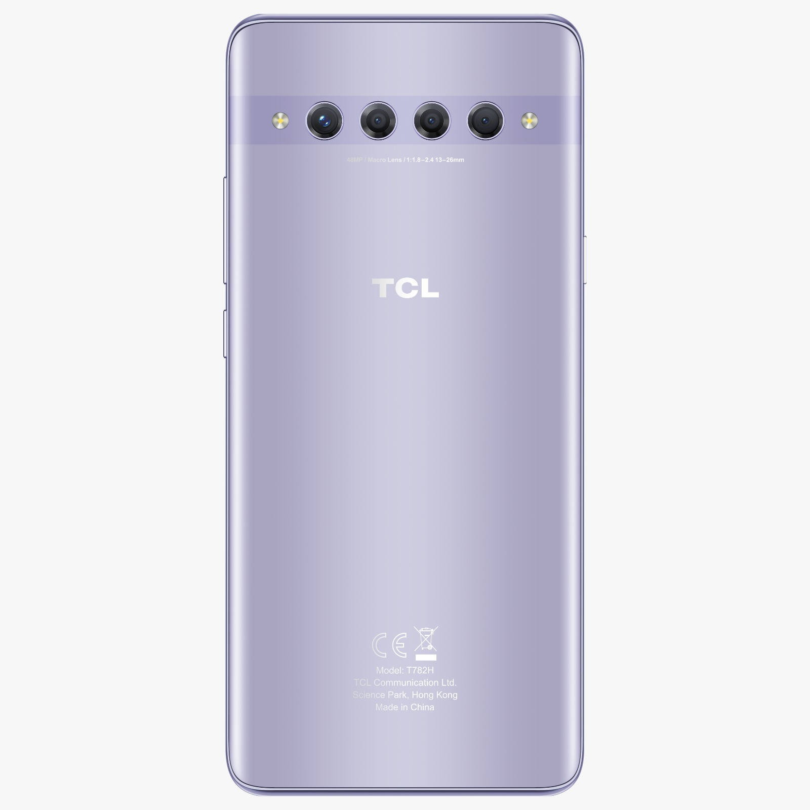 Çoklu kameralı, TCL logolu ve yasal bilgili mor bir akıllı telefonun arkası.