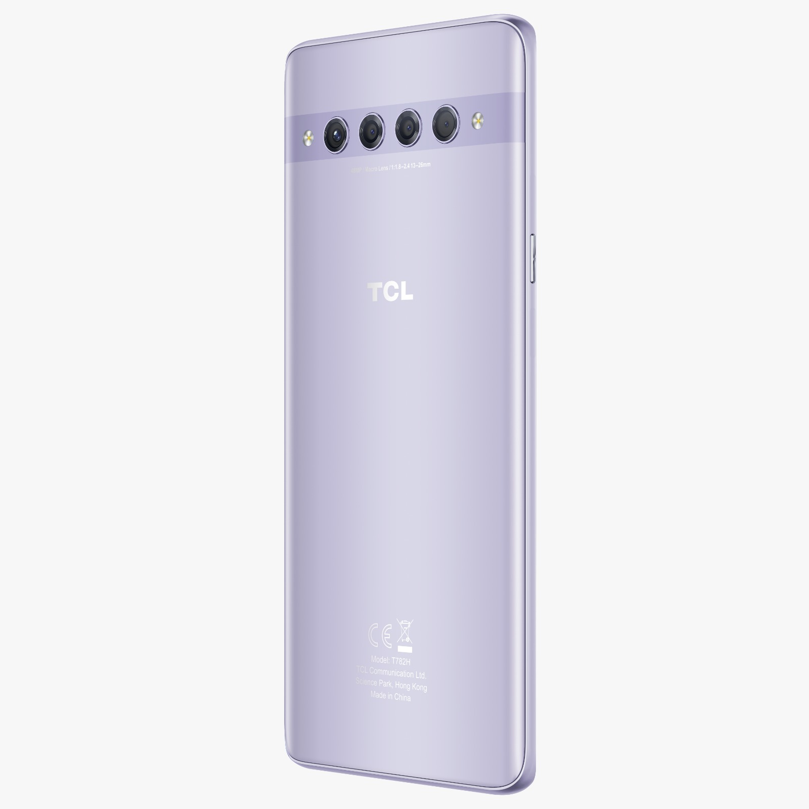 Dört kameraya ve TCL logosuna sahip, leylak rengi bir telefonun arkası.