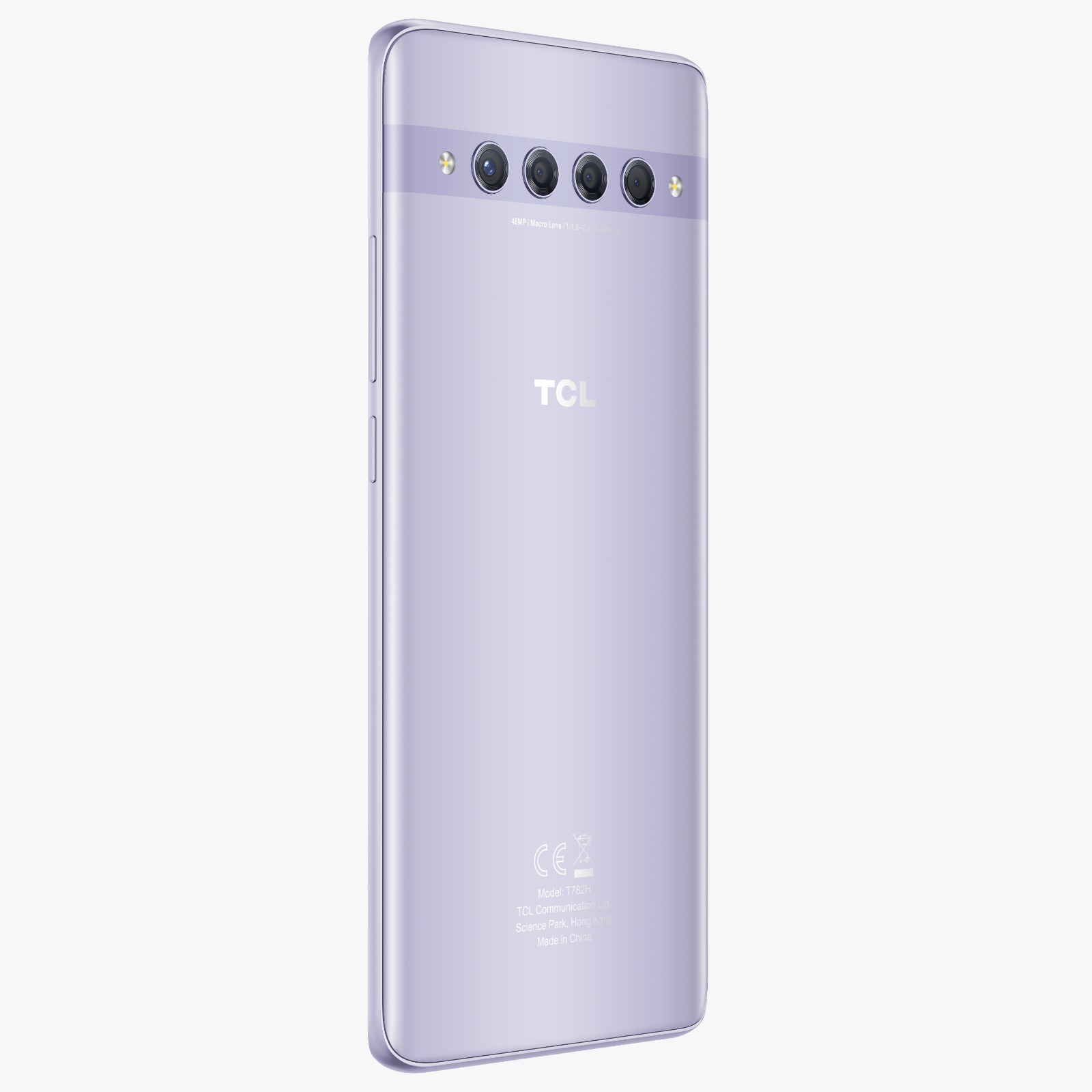 Mor renkli bir TCL telefonun arkası. Dört kamera, TCL logosu ve metin. Beyaz zemin.
