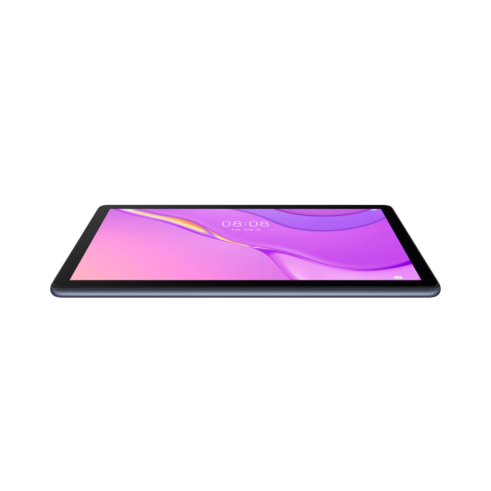 Beyaz arka planda mor ve siyah tablet. Ekran saat ve tarihi gösteriyor.
