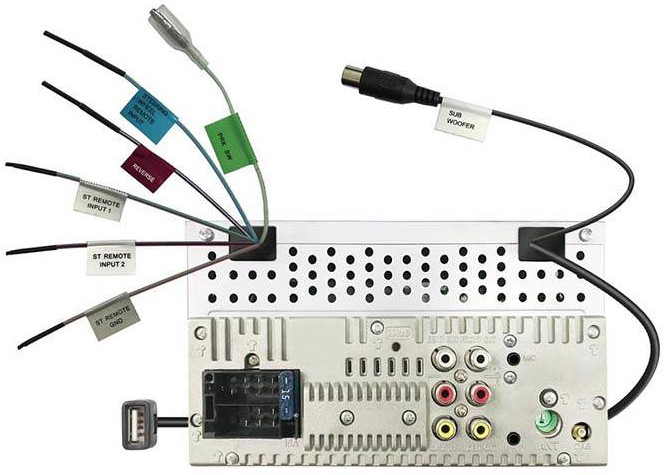 Achterkant van een autoradio met diverse bedrading en connectoren.