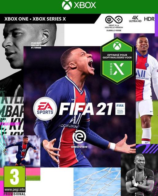 FIFA 21 game cover met Kylian Mbappé, game logo, Xbox logo en game-informatie.