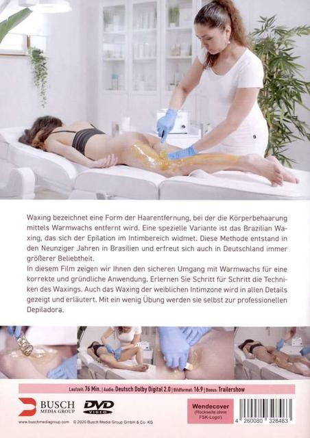 DVD-Hülle mit Bildern einer Frau, die eine Wachsbehandlung erhält. Text auf Deutsch.