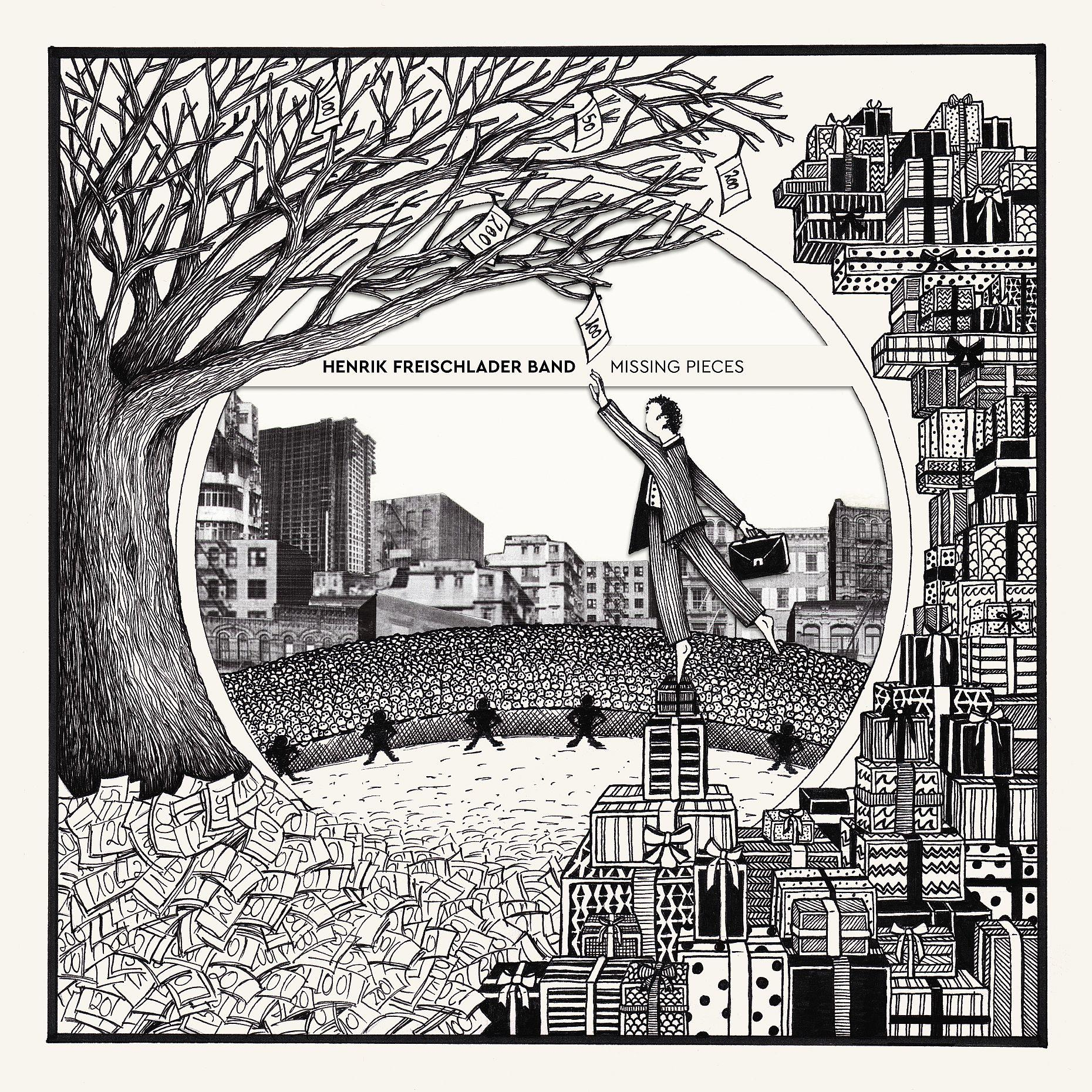 Albumcover: Schwarz-Weiß-Illustration, ein Mann greift nach Geld an einem Ast.