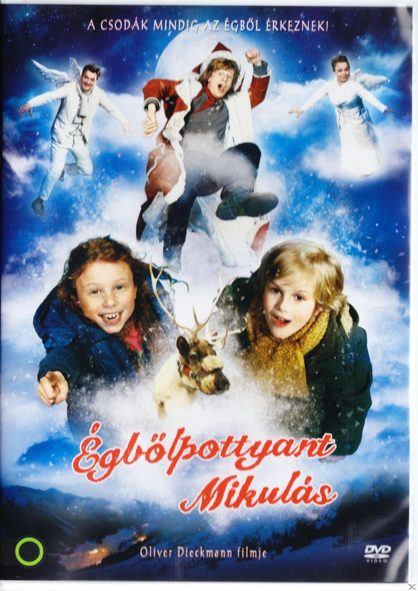 DVD borító gyerekekkel, angyalokkal és a Mikulással. Magyar szöveg: Égből Pottyant Mikulás (Mikulás).