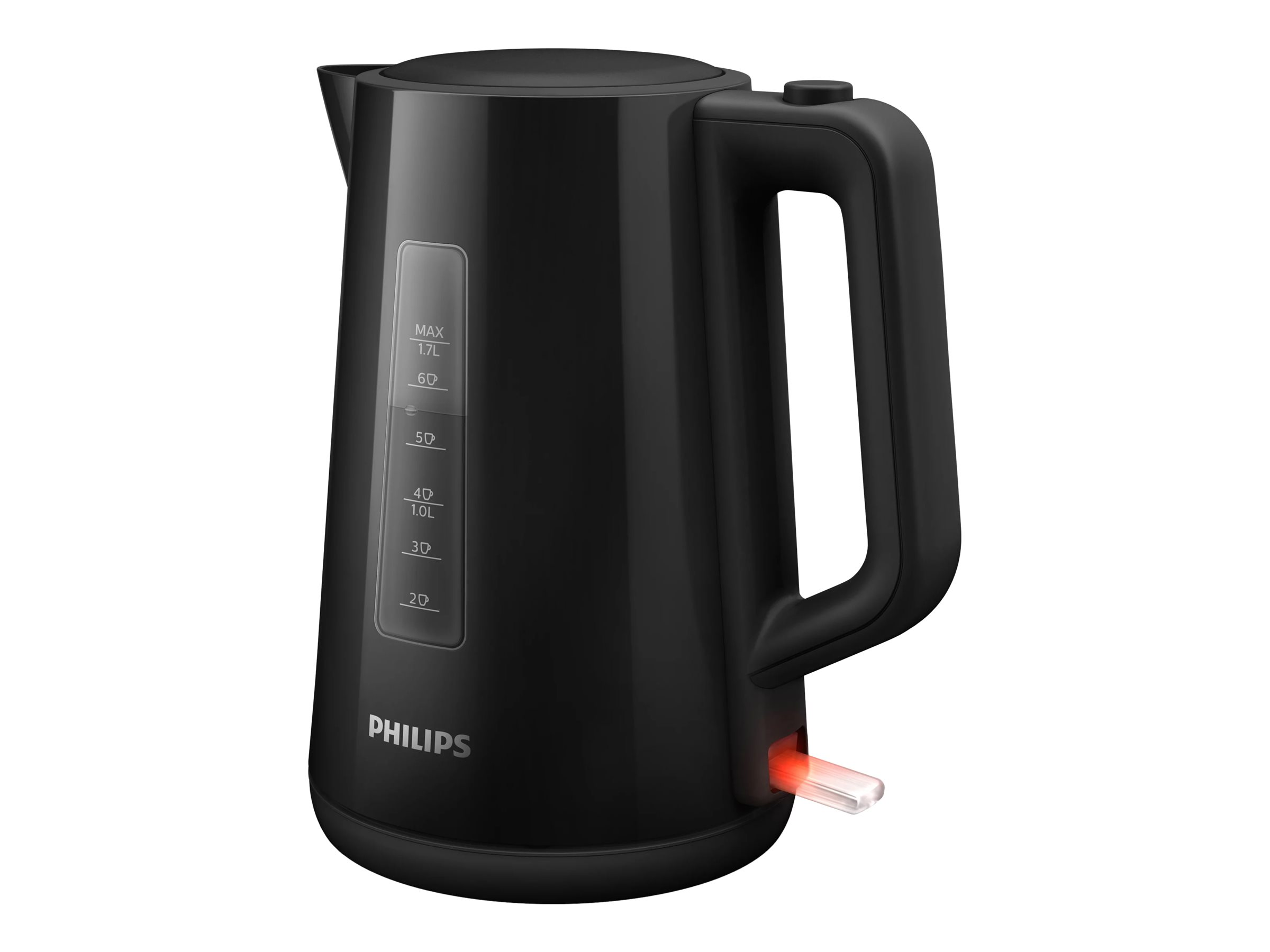 Schwarzer Philips Wasserkocher mit rotem Licht am Boden. Er hat eine klare Wasserstandsanzeige.