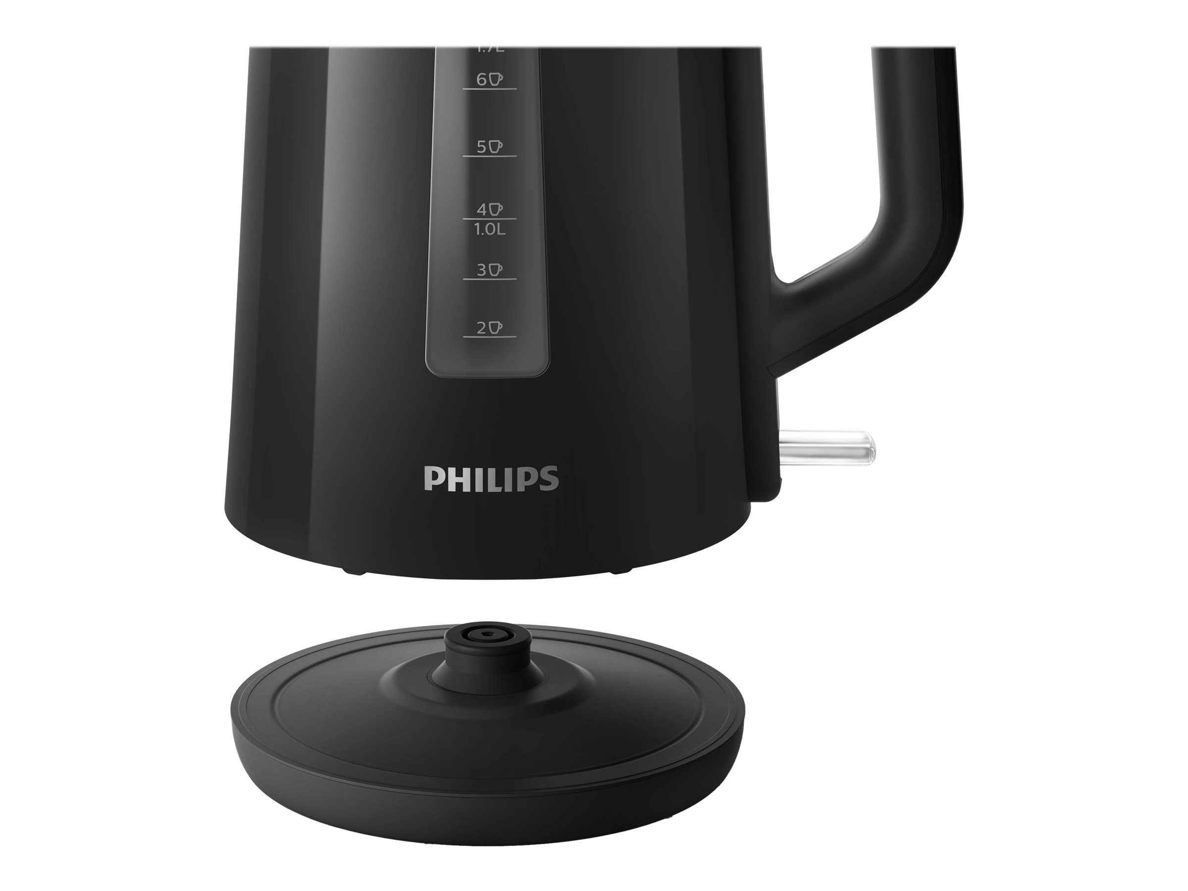 Schwarzer Philips Wasserkocher mit Basis. Wasserstandsanzeigen sichtbar, Philips Logo unten.