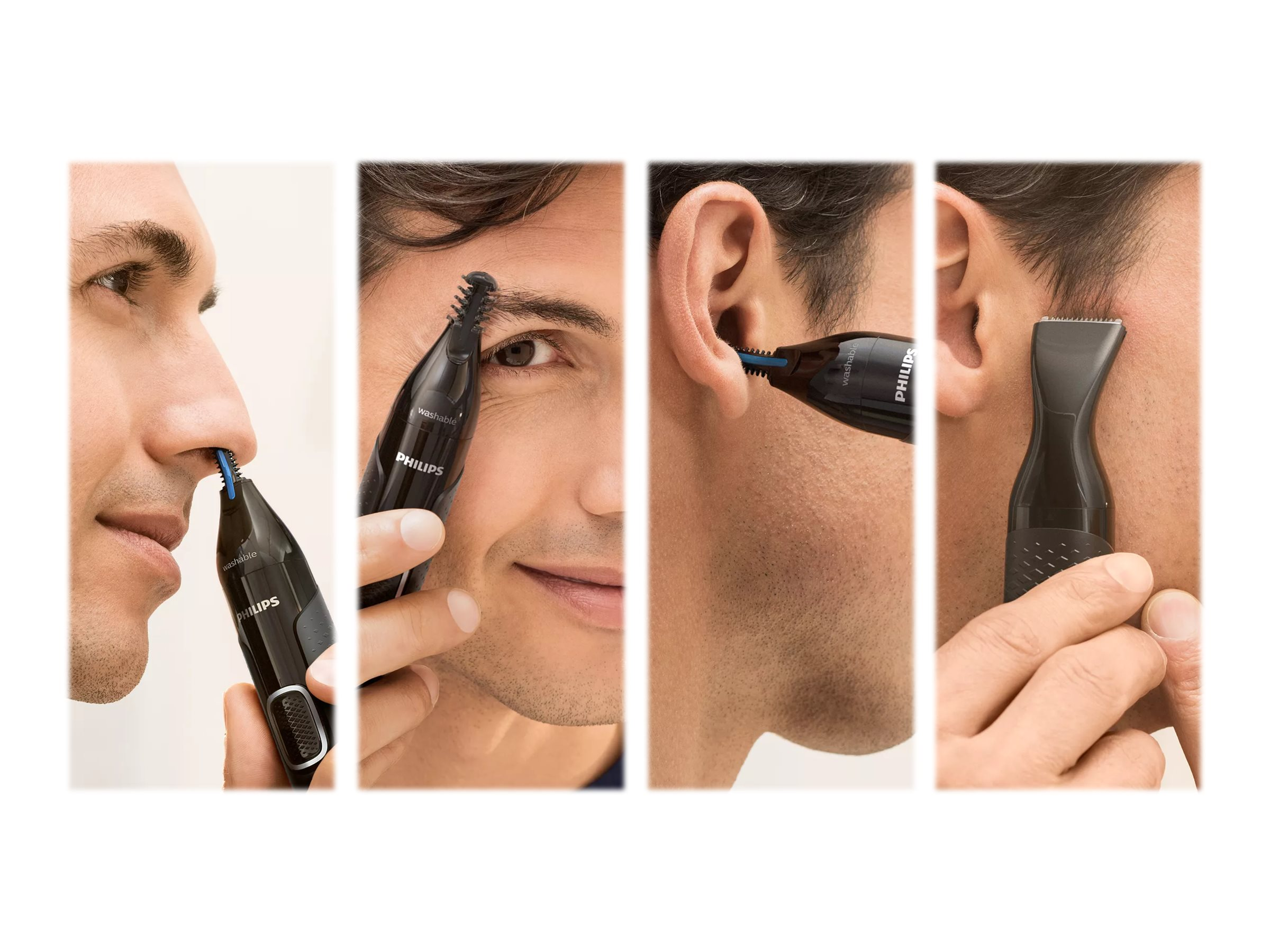 Vier Bilder, die einen Mann zeigen, der einen Philips Nasen- und Ohrenschneider benutzt.