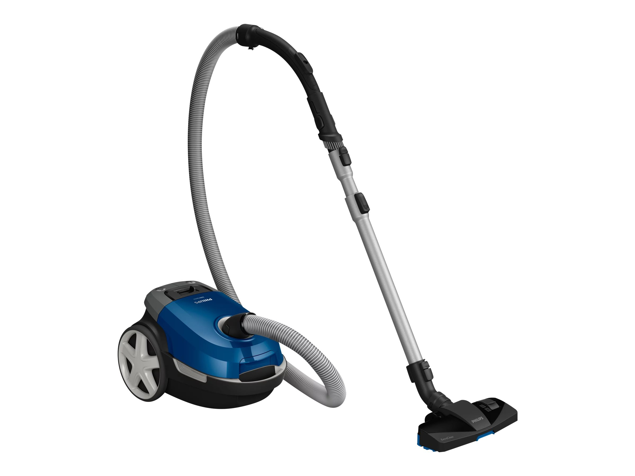 Blauer und weißer Philips Staubsauger auf weißem Hintergrund.