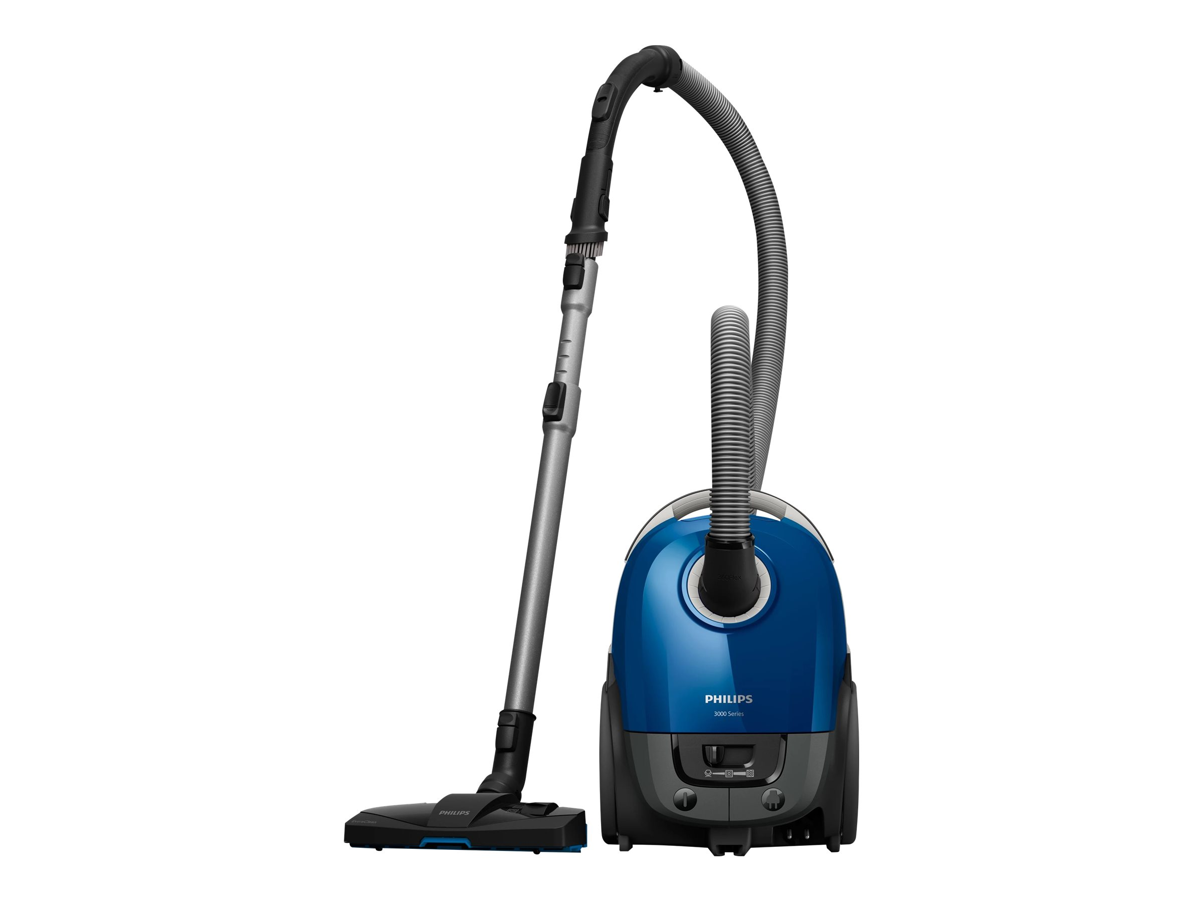 Ein blauer Staubsauger mit langem Griff und Düse. Weißer Hintergrund.