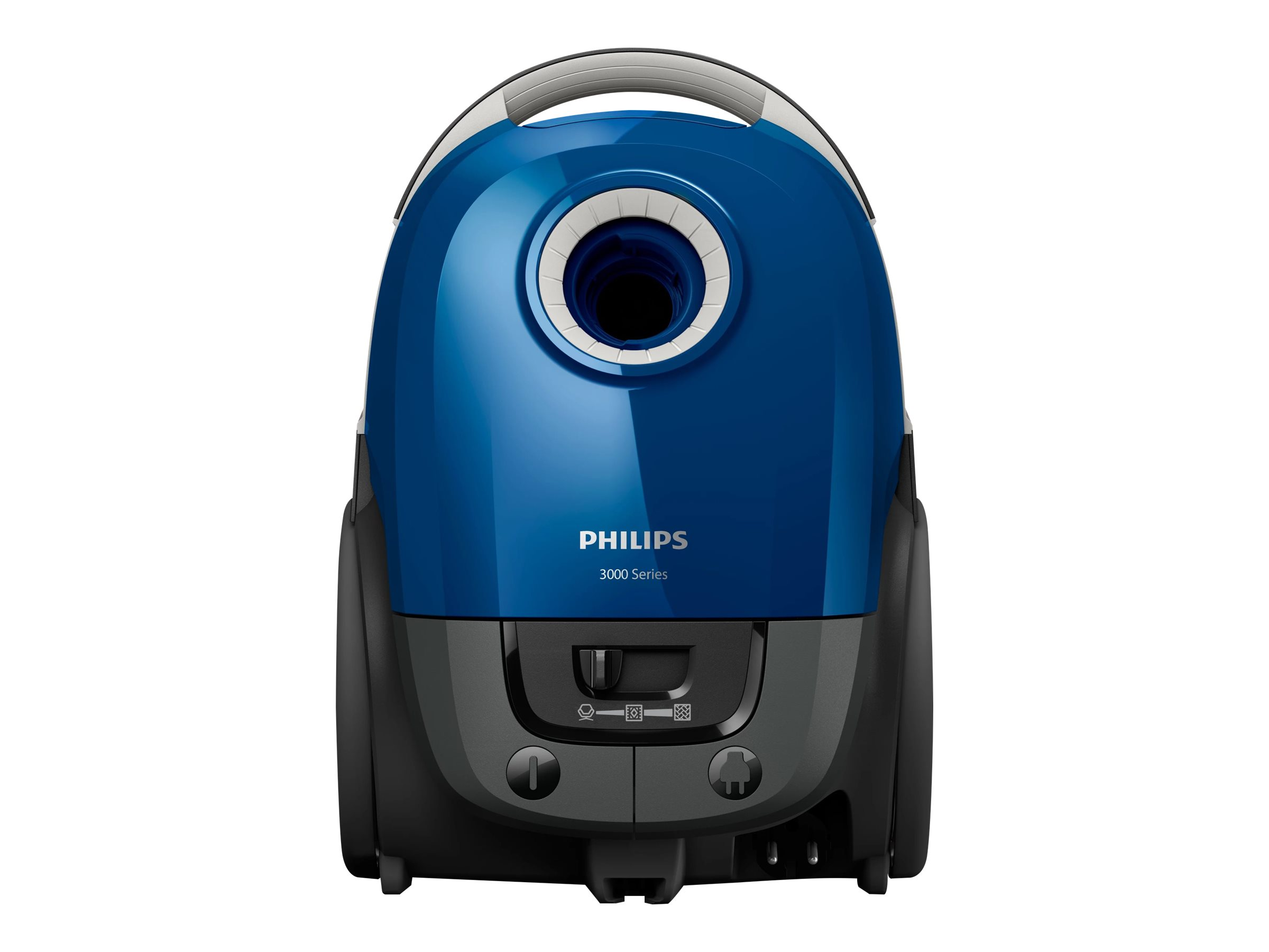Blau-grauer Philips Staubsauger, Vorderansicht, weißer Hintergrund.