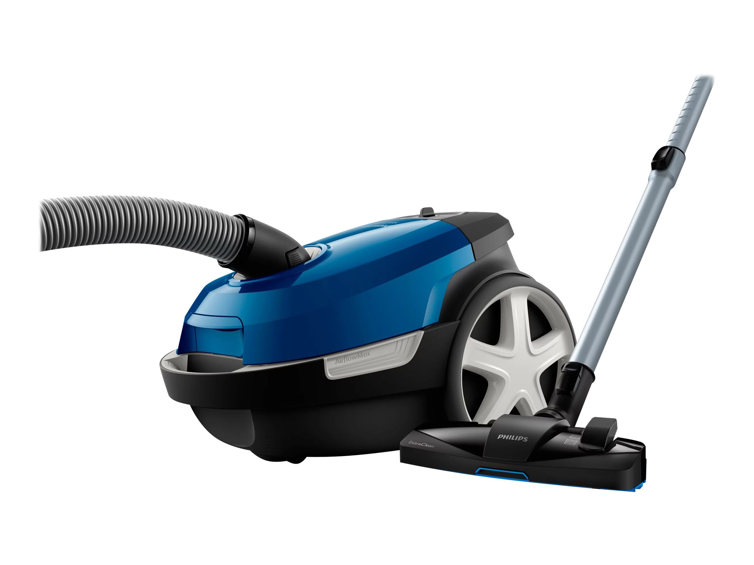 Ein blauer und schwarzer Philips Staubsauger mit silberner Stange und Reinigungskopf.