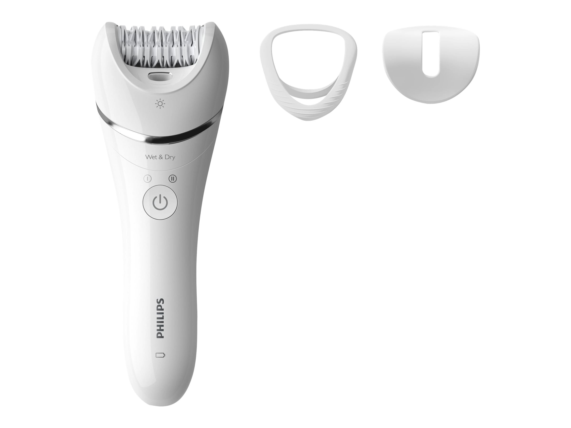 Un epilatore Philips bianco con due accessori aggiuntivi.