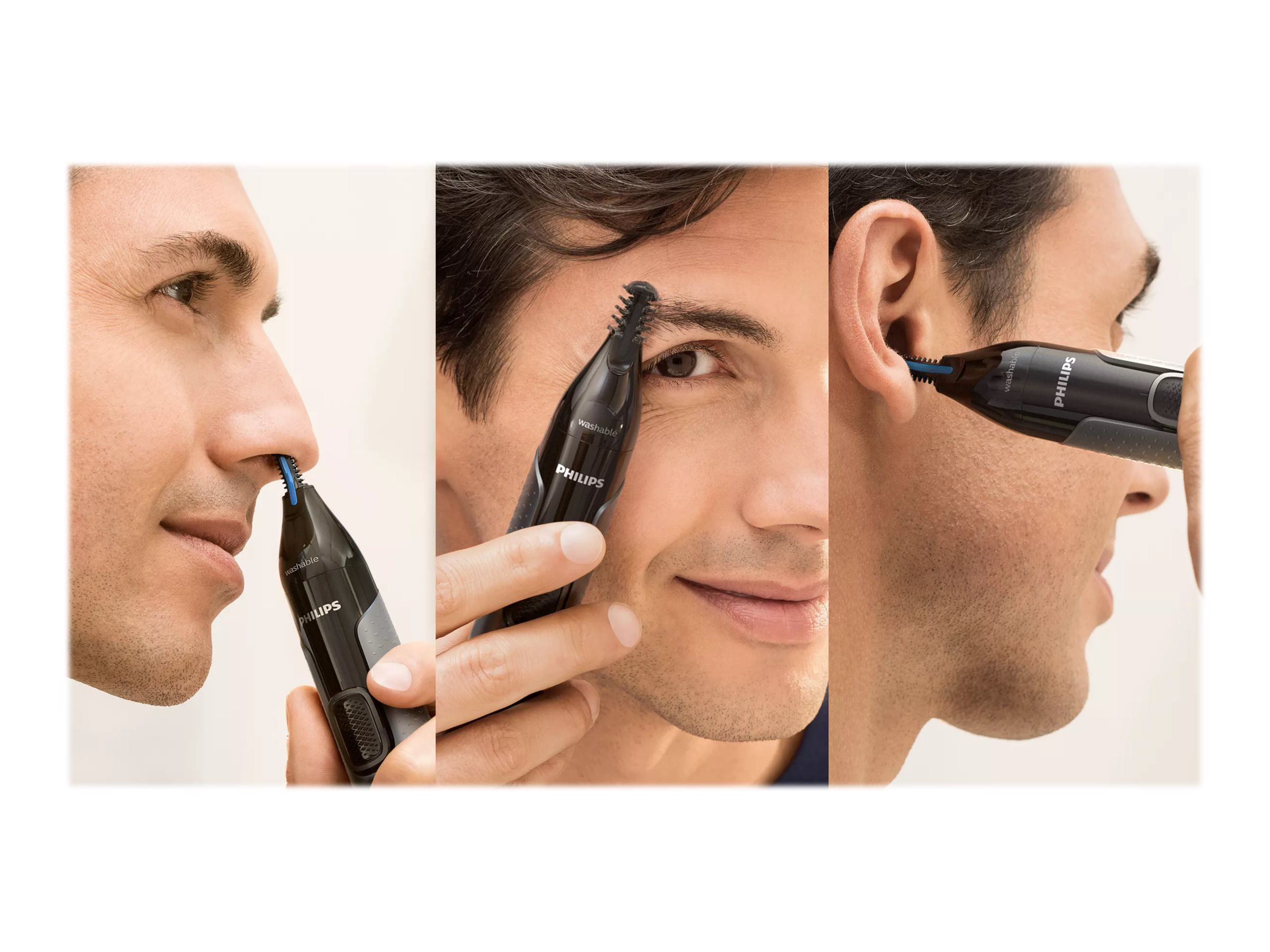 Ein Mann benutzt einen Philips Nasen-, Augenbrauen- und Ohrenhaartrimmer. Drei Bilder zeigen Anwendungen.