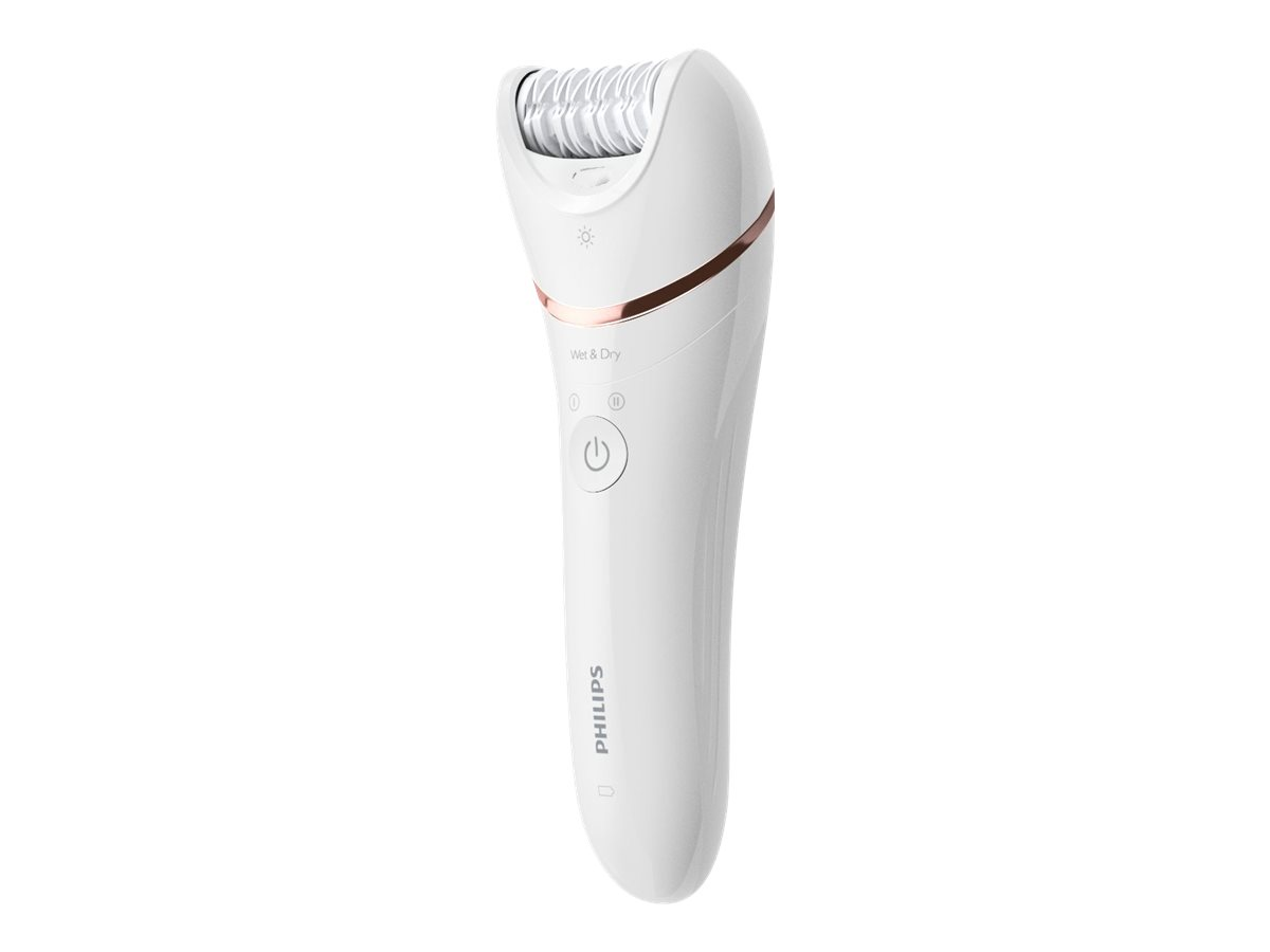 Ein weißer Philips Epilierer, mit einem Licht, auf weißem Hintergrund.