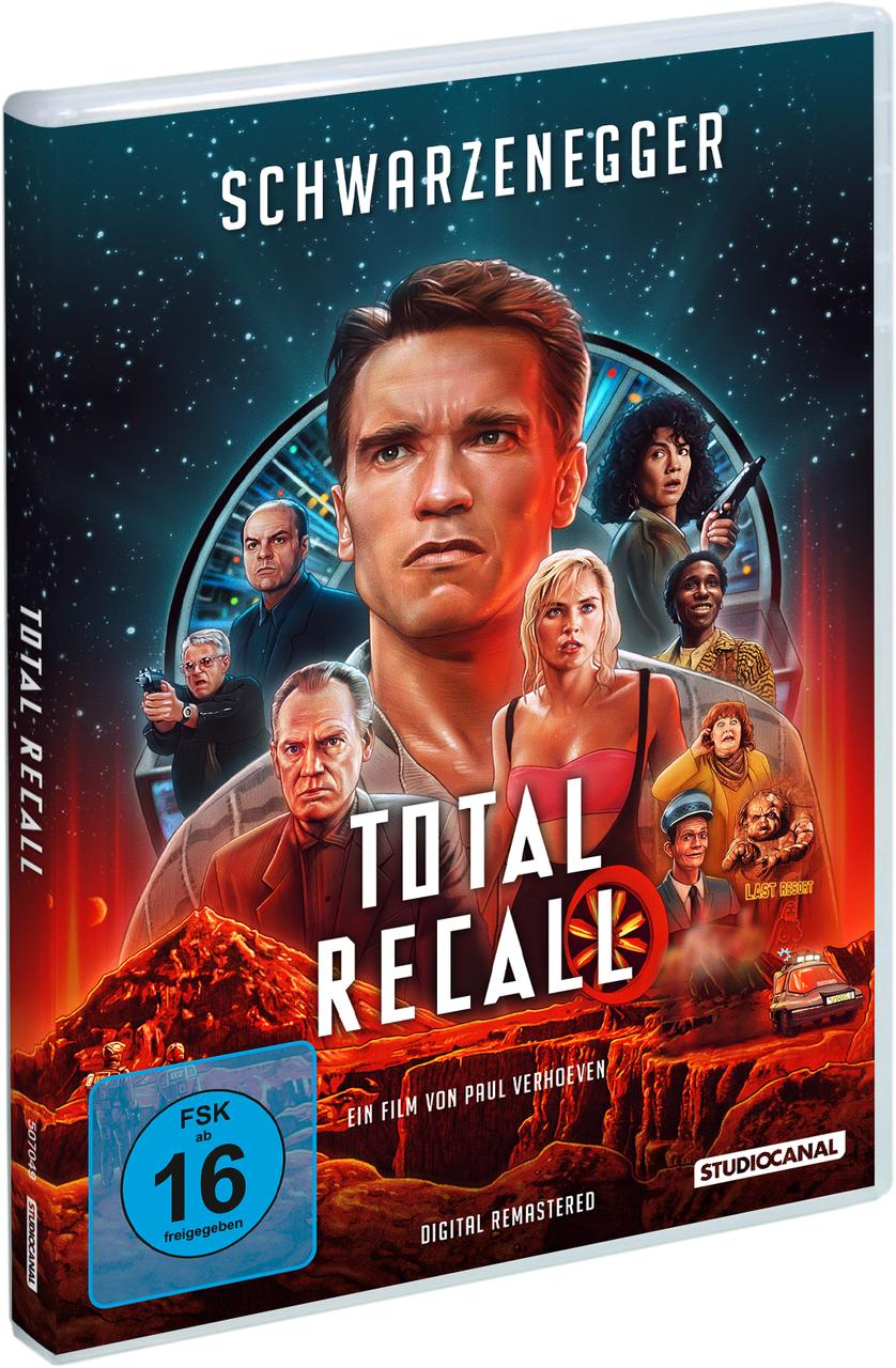 DVD-Hülle von Total Recall mit Arnold Schwarzenegger, verschiedenen Schauspielern und rotem Hintergrund.