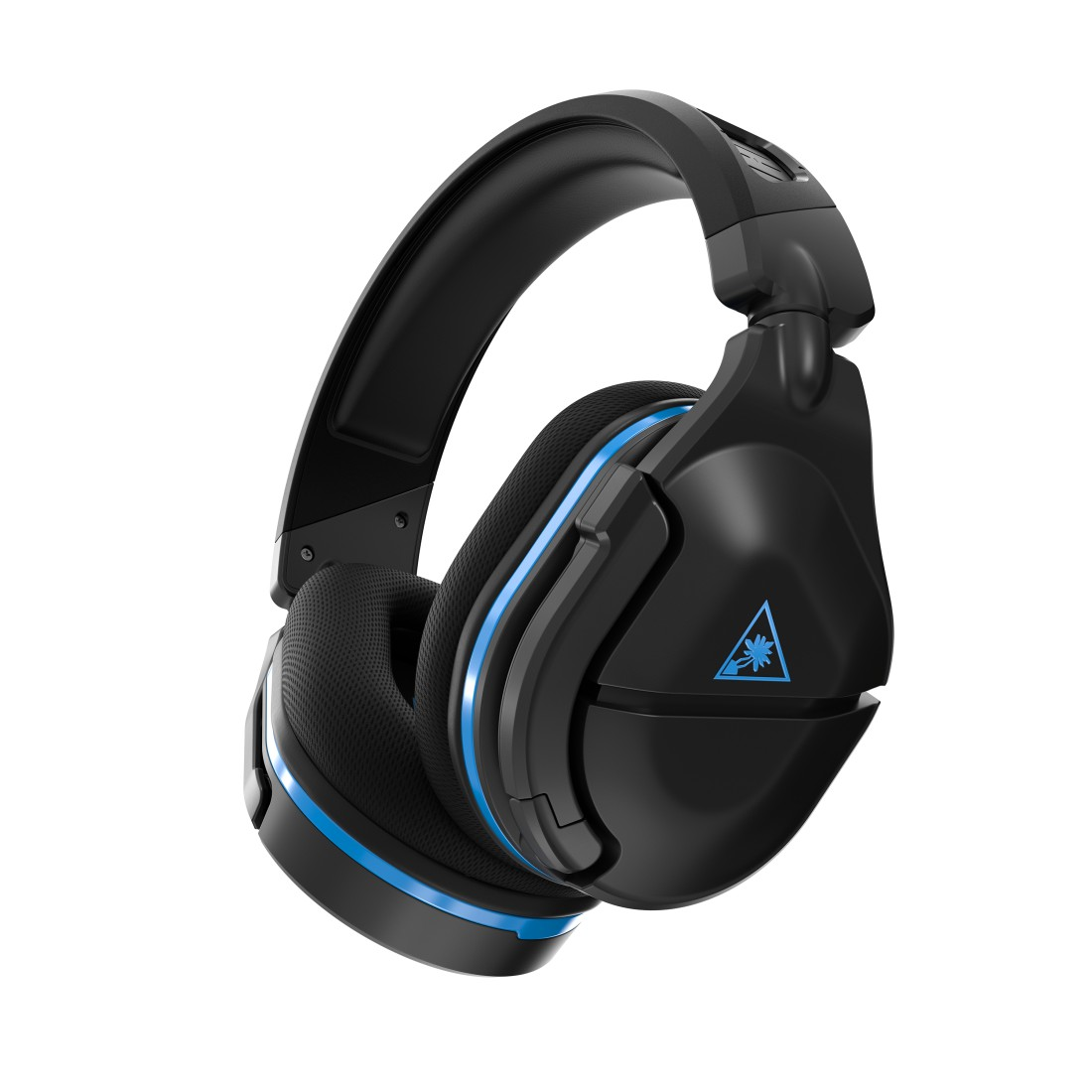 Schwarz-blaues Headset, schräge Ansicht, auf weißem Hintergrund, modernes Design.