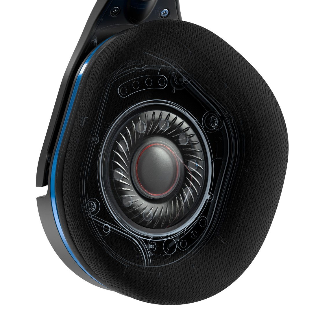 Schnittansicht eines Headset-Lautsprechers, die Innenkomponenten zeigt. Schwarzer Schaum und blaue Akzente sind sichtbar.