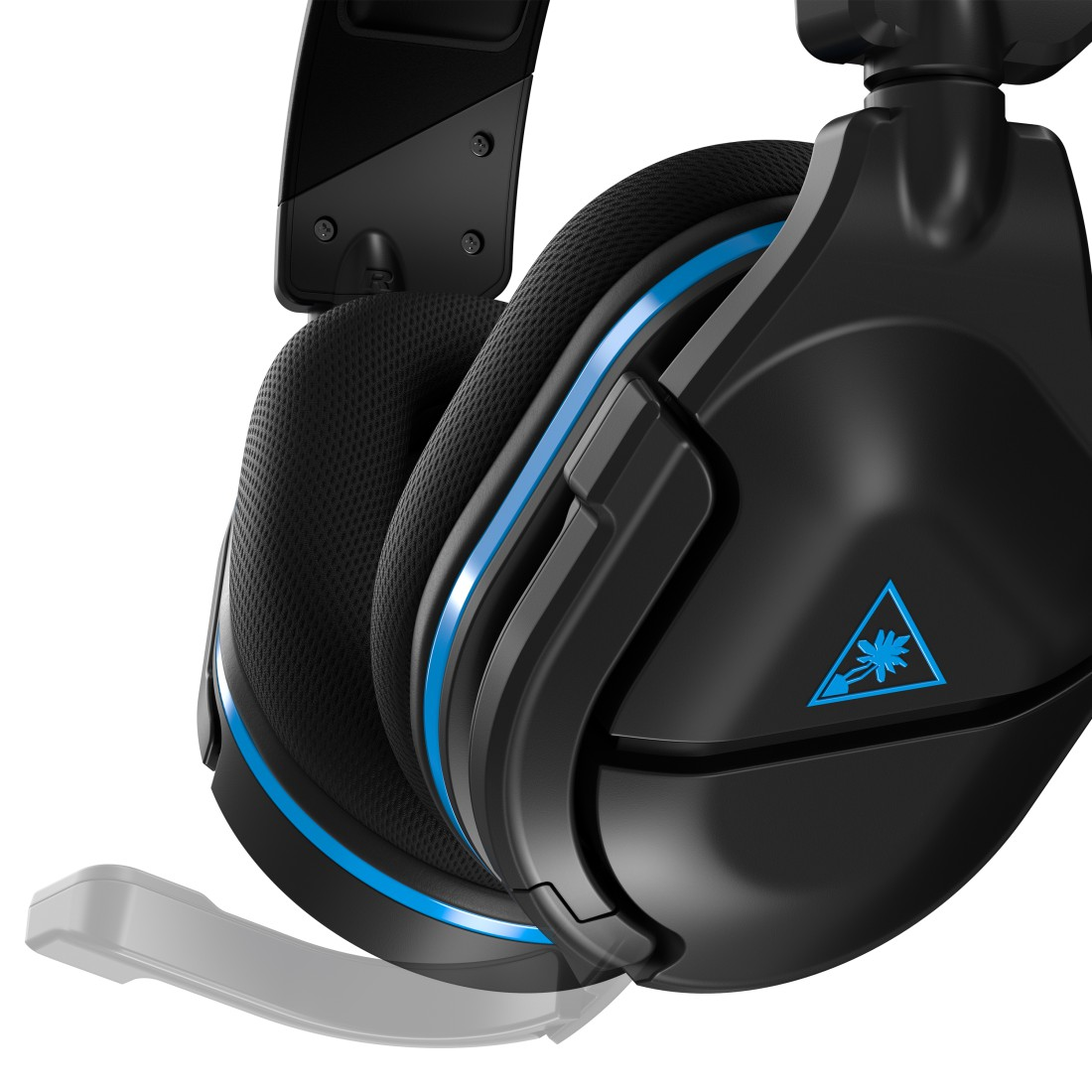 Nahaufnahme eines schwarzen und blauen Gaming-Headsets.