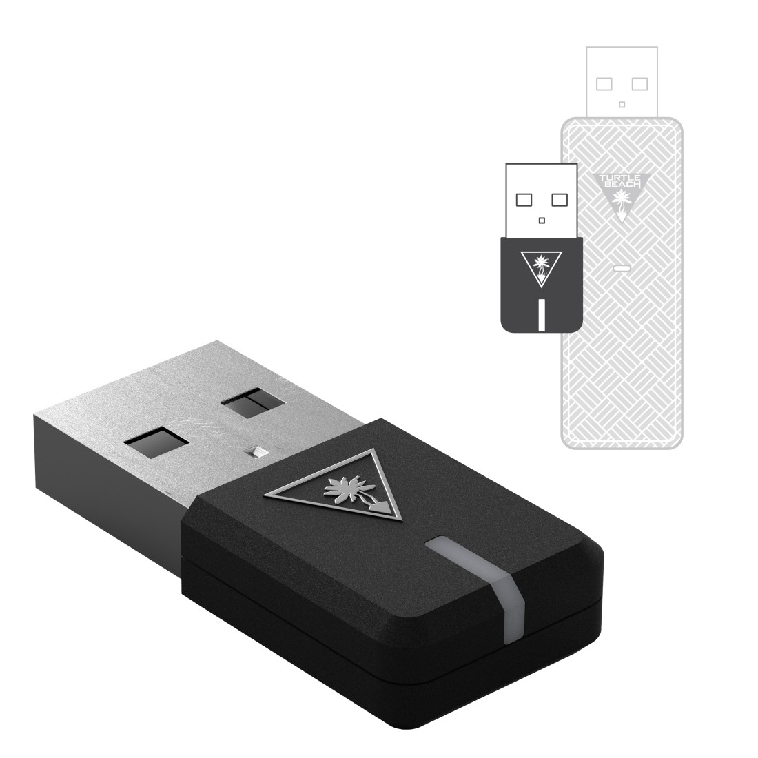 Schwarzer USB-Dongle mit Logo und weißer Linie. Zwei Umrissbilder im Hintergrund.