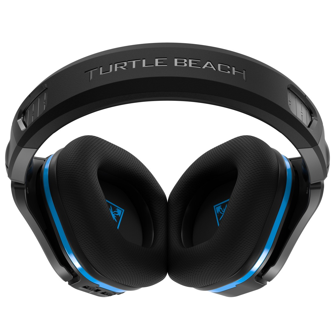 Schwarz-blaue Turtle Beach Kopfhörer. Kopfband mit Logo. Ohrmuscheln sichtbar.