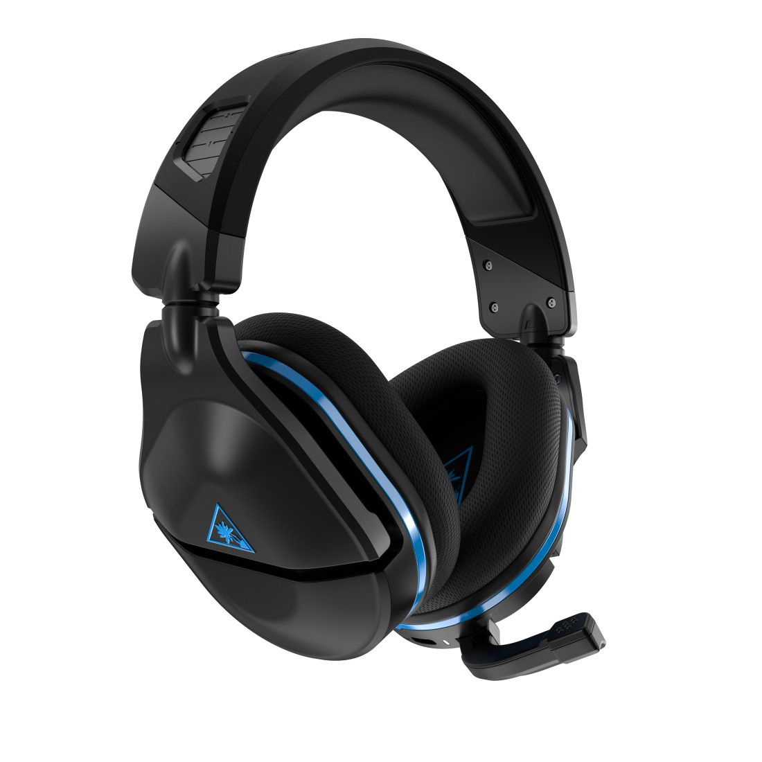 Schwarzes und blaues Gaming-Headset. Es hat ein Mikrofon und befindet sich auf weißem Hintergrund.