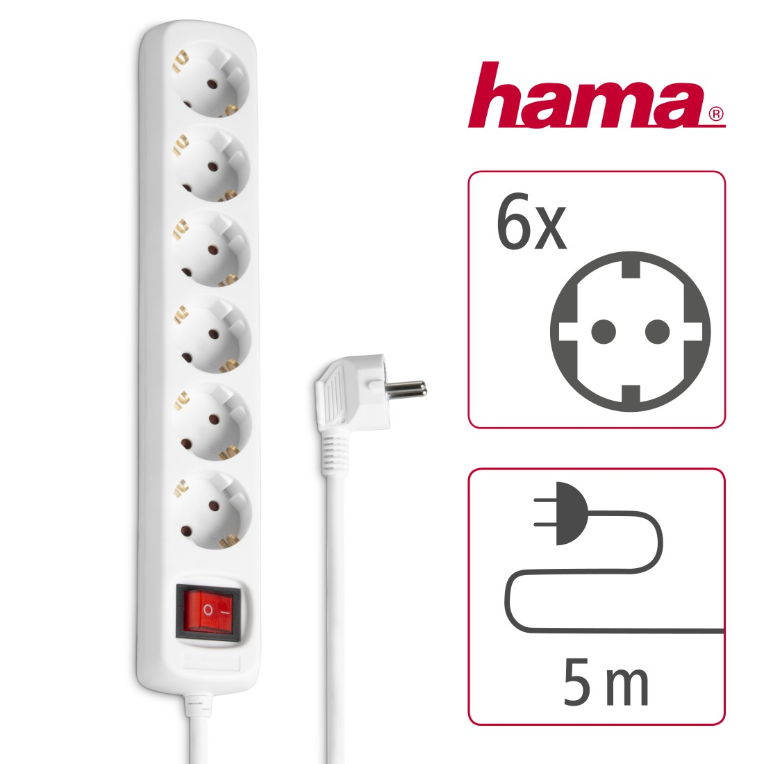Weiße Steckdosenleiste mit sechs Steckdosen, rotem Schalter und weißem Kabel. Hama-Logo und Diagramme.
