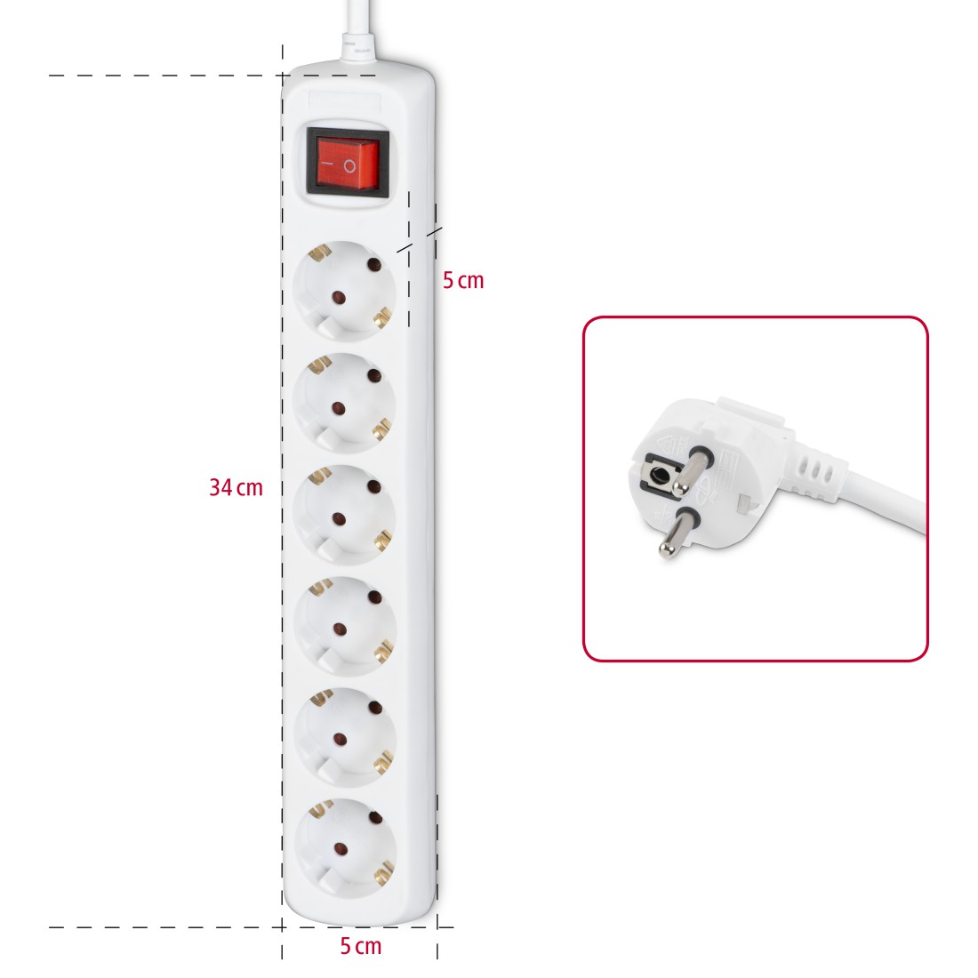 Weiße Steckdosenleiste mit sechs Steckplätzen, rotem Schalter und weißem Stecker.