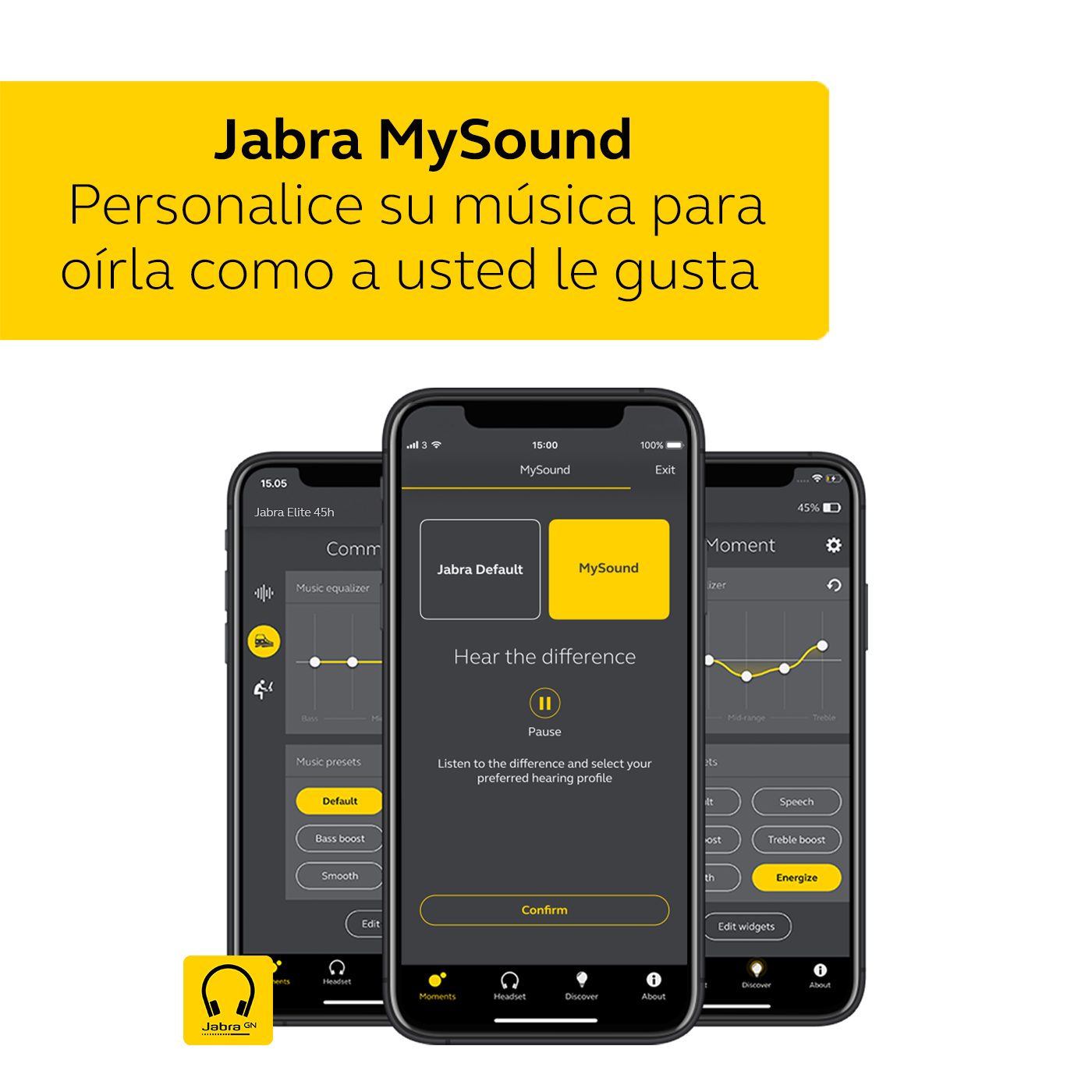 Tres teléfonos con la interfaz de la app Jabra MySound.