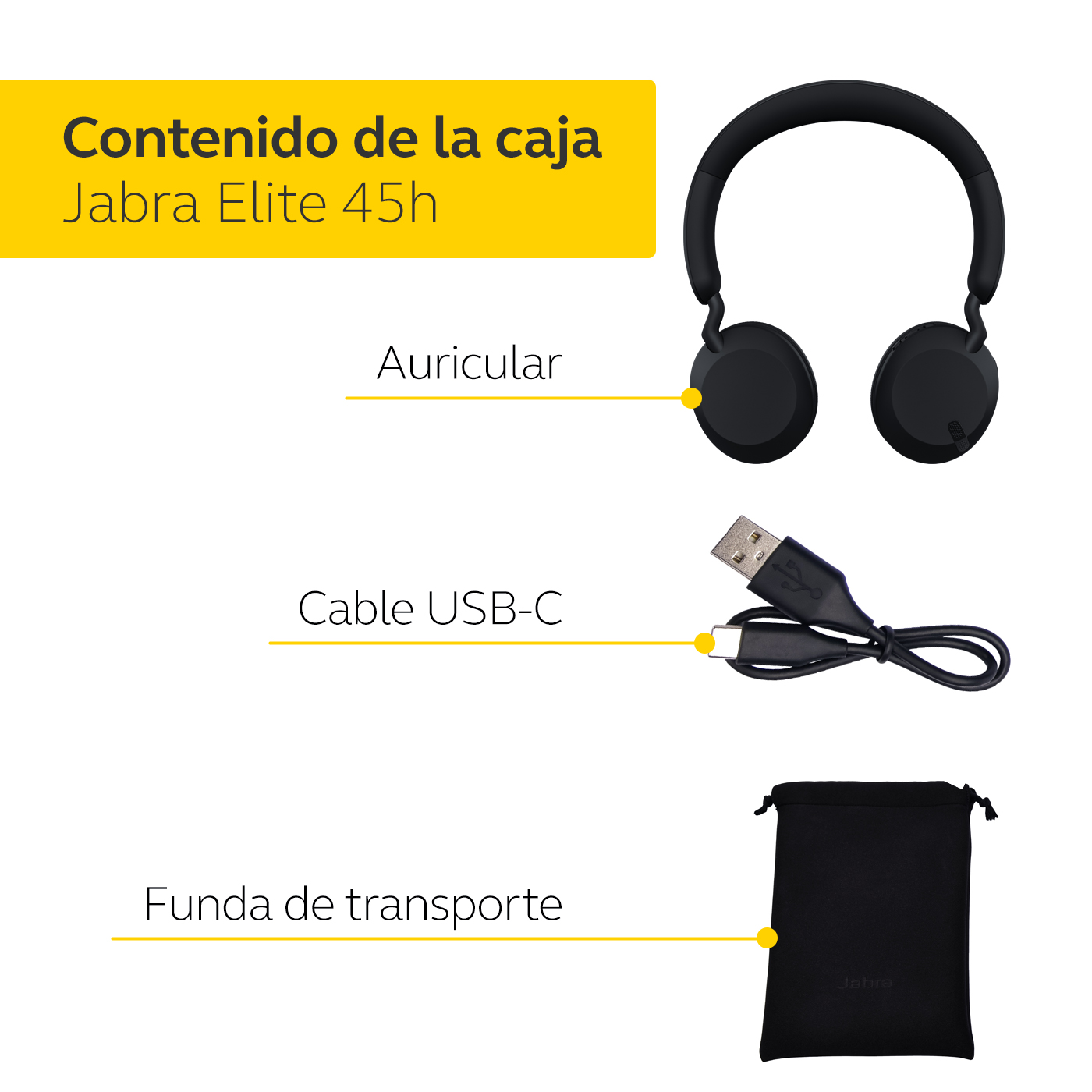 Auriculares Jabra Elite 45h negros, cable USB-C y bolsa de transporte sobre superficie blanca.