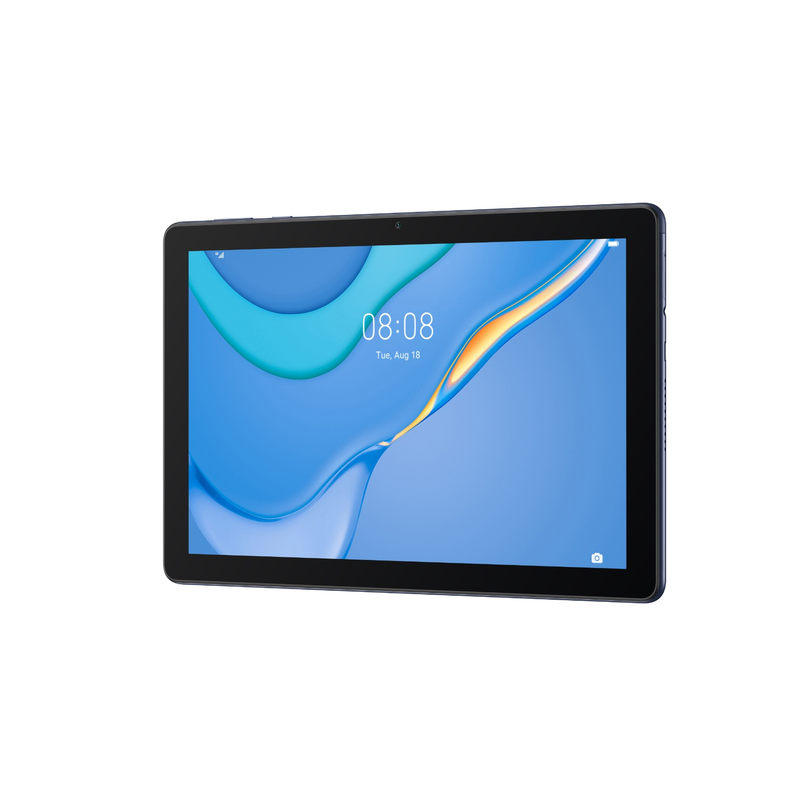 Zaman ve tarihi gösteren mavi ekranlı siyah tablet, beyaz arka plan üzerinde.