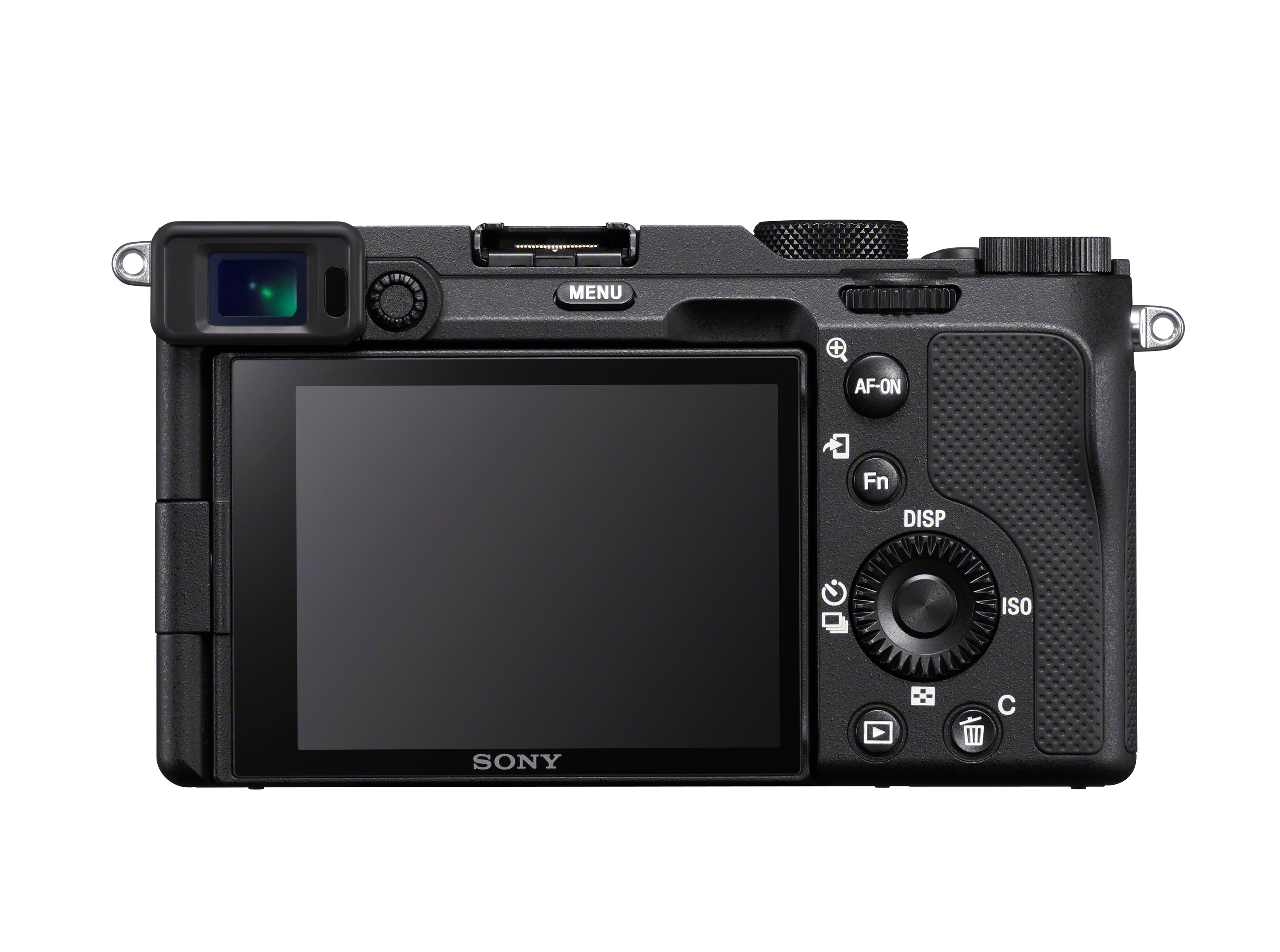 Rückseite einer schwarzen Sony Kamera. LCD-Bildschirm zeigt Menü, Knöpfe und Räder. Weißer Hintergrund.