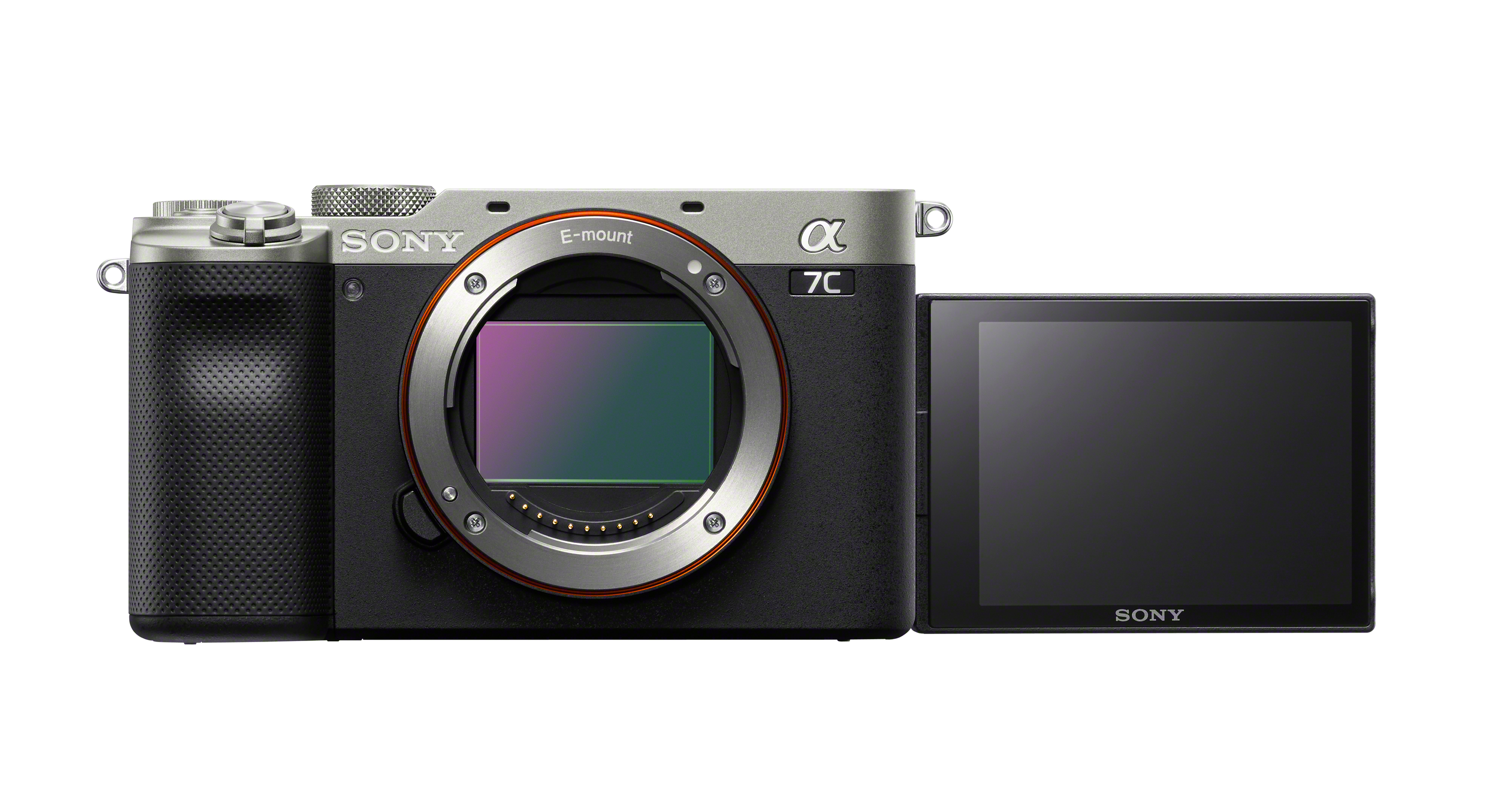 Schwarze und silberne Sony Alpha 7C Kamera mit offenem Bildschirm, weißer Hintergrund.