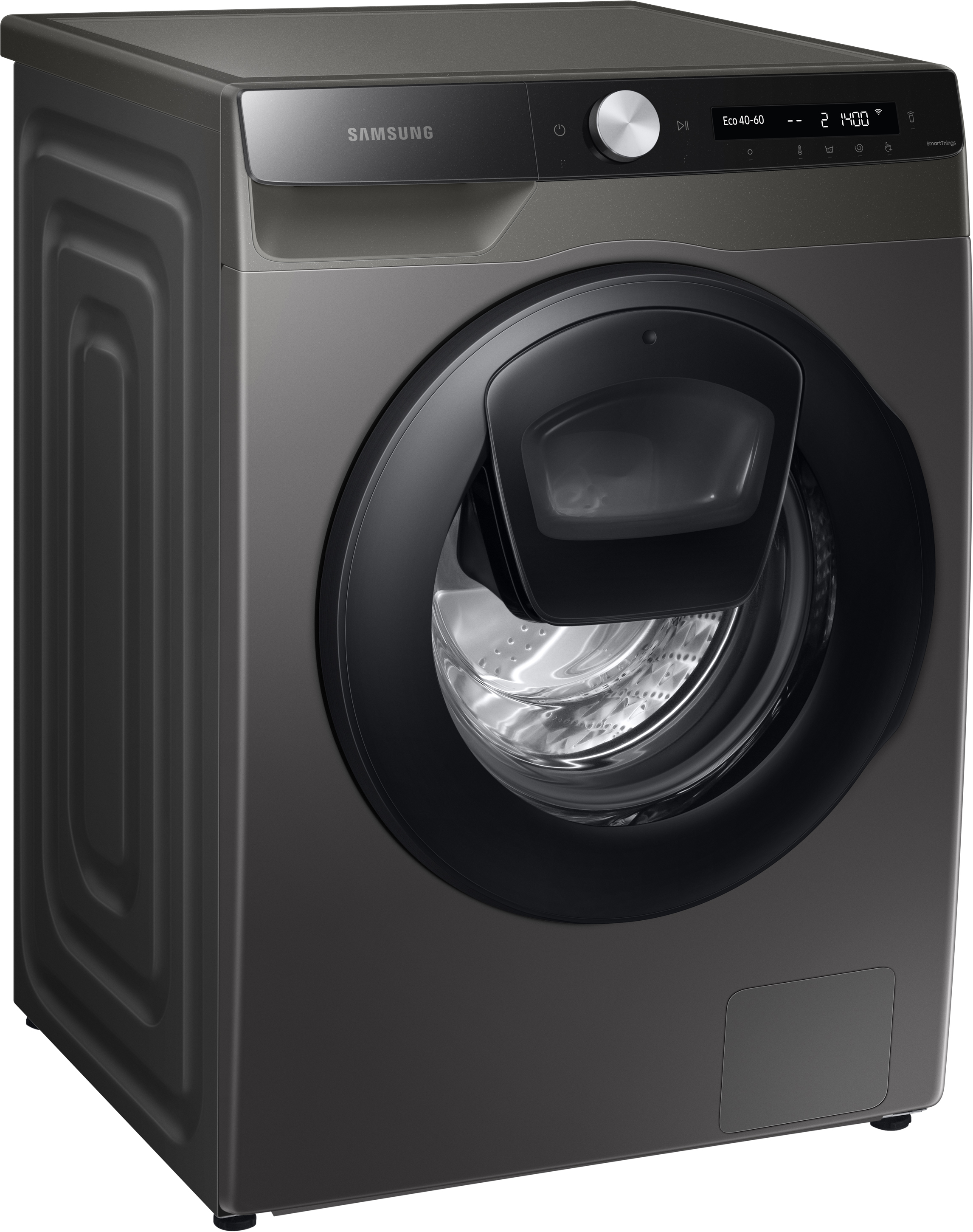 Lavatrice Samsung grigio scuro, vista frontale. Porta e pannello neri.