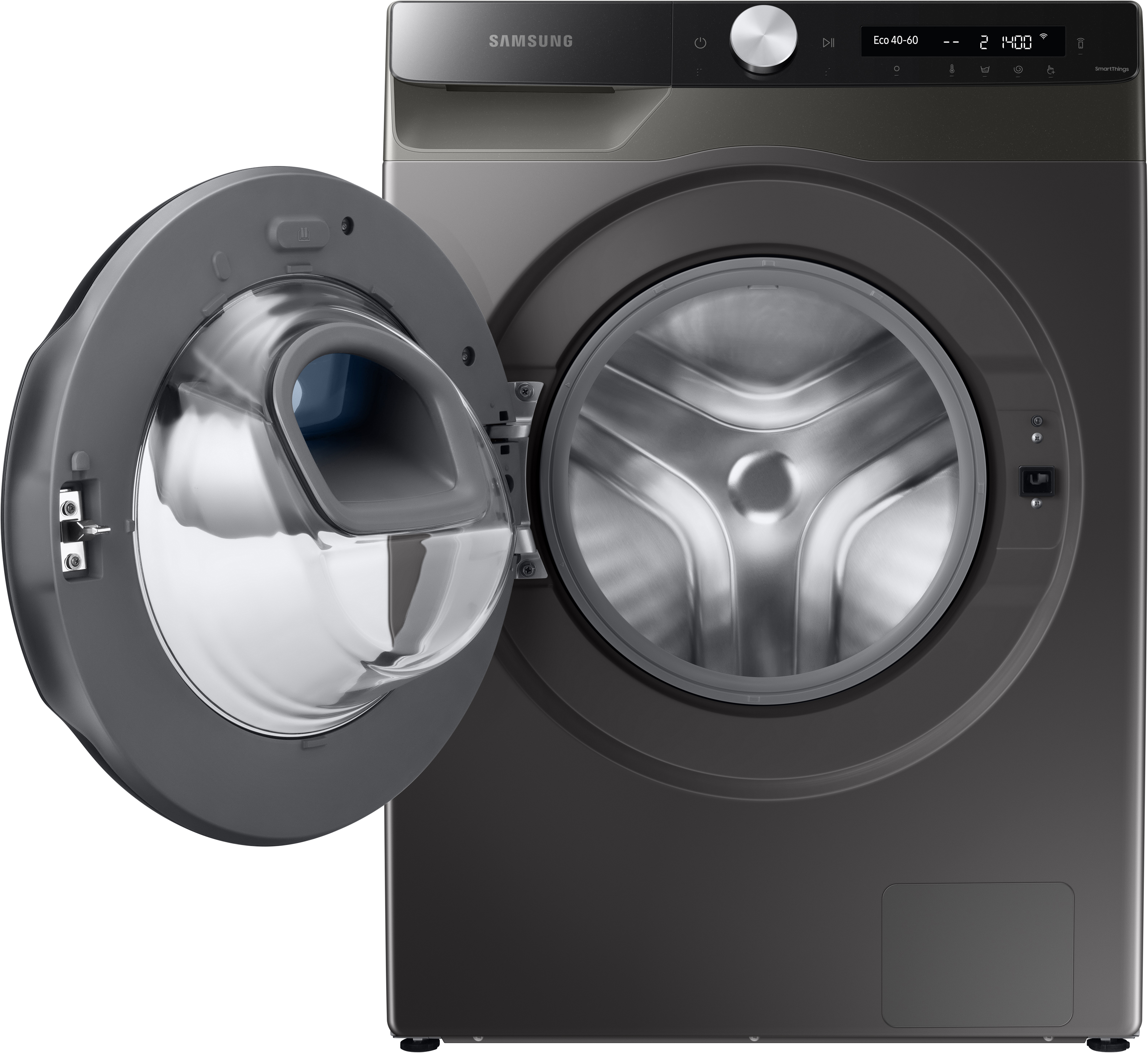 Una lavatrice Samsung con la porta aperta, che mostra il cestello. È di colore grigio scuro.