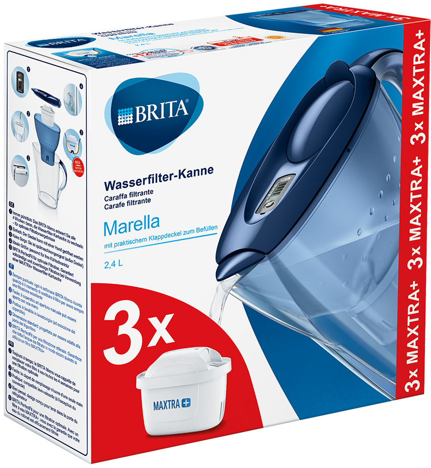 Pichet filtrant Brita dans un emballage bleu, avec 3 cartouches filtrantes.