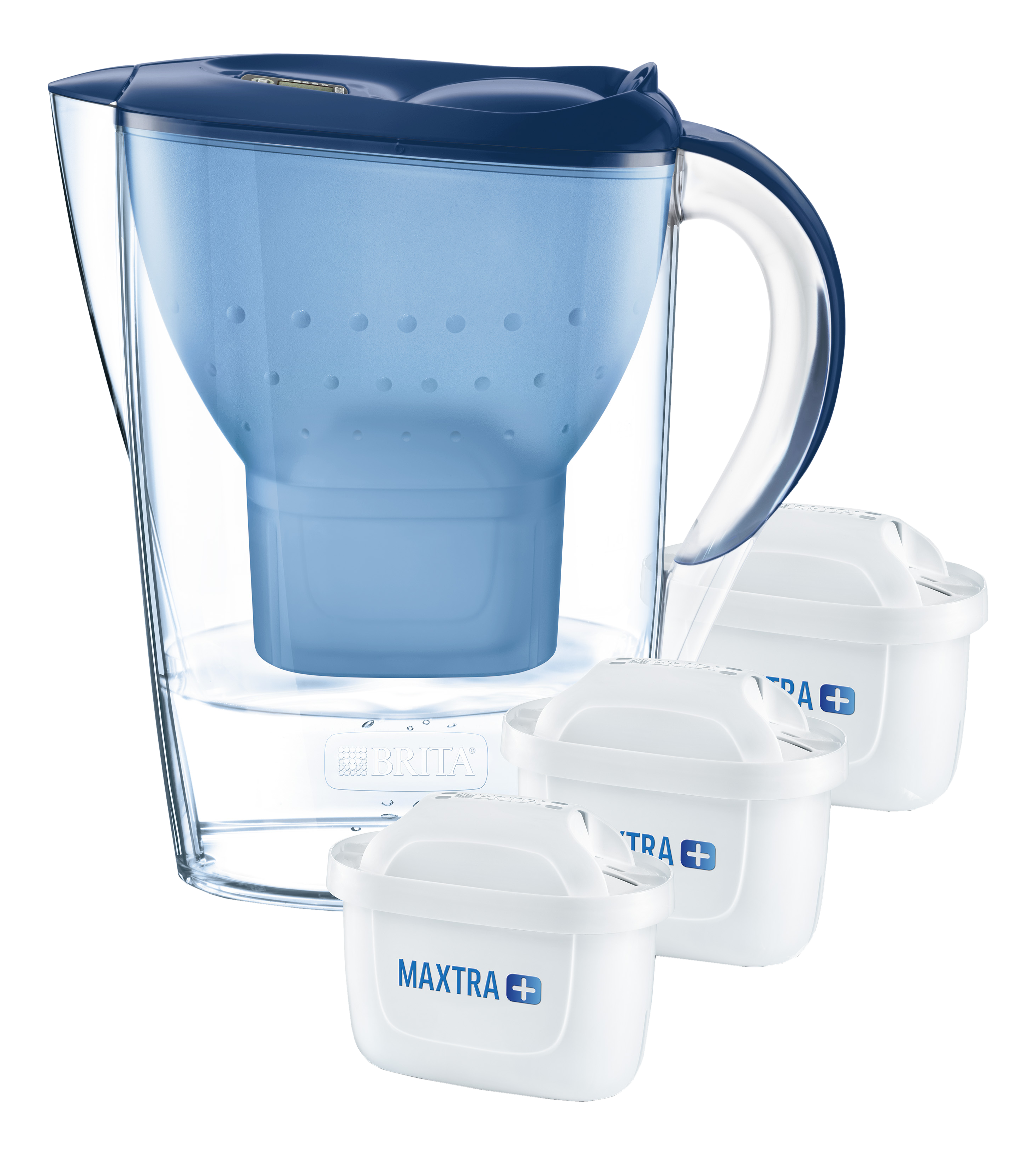 Pichet filtrant bleu et blanc avec trois filtres blancs.