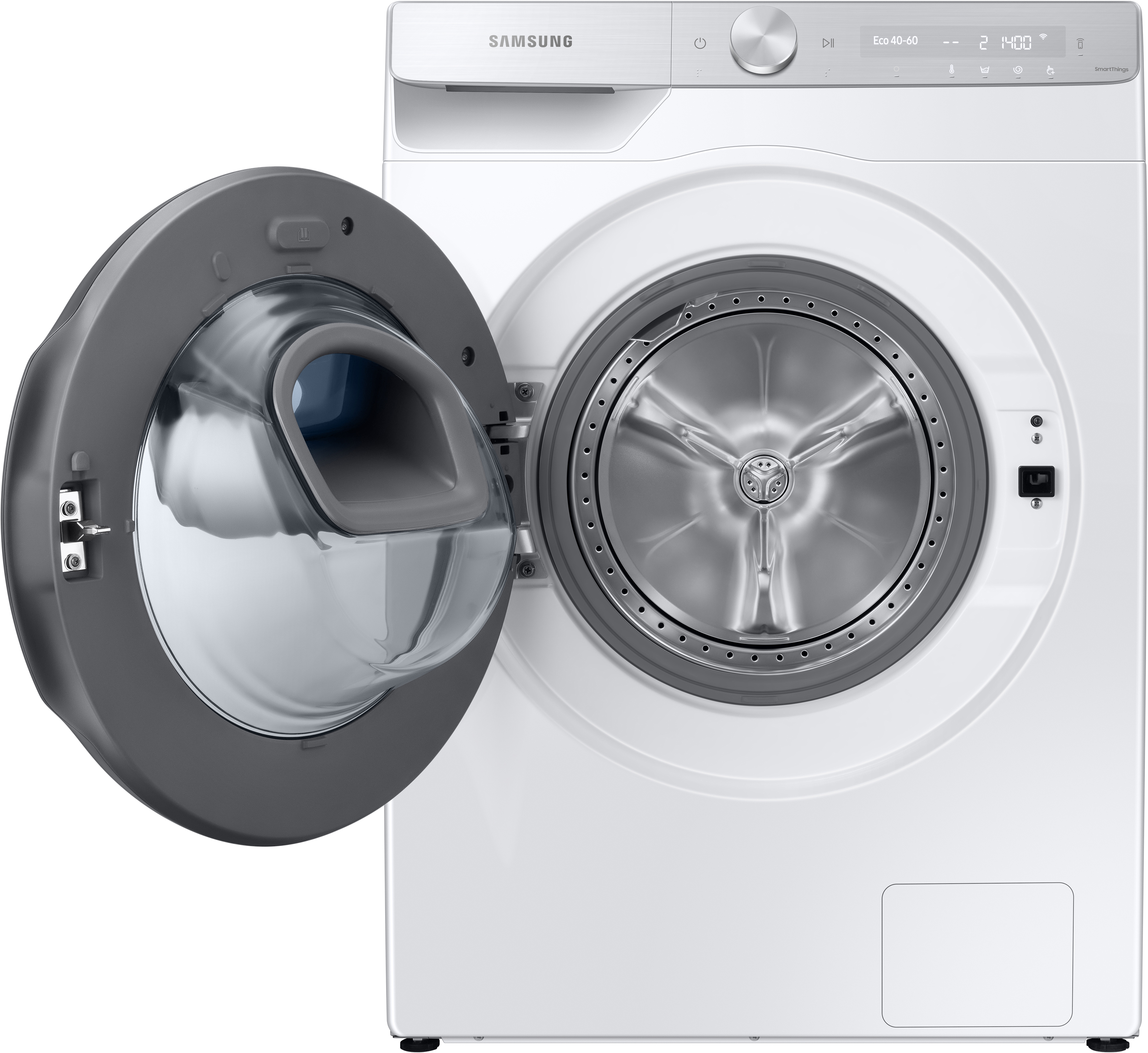 Lavatrice Samsung bianca con porta grigia aperta, mostra cestello in acciaio inox. Pannello di controllo visibile.