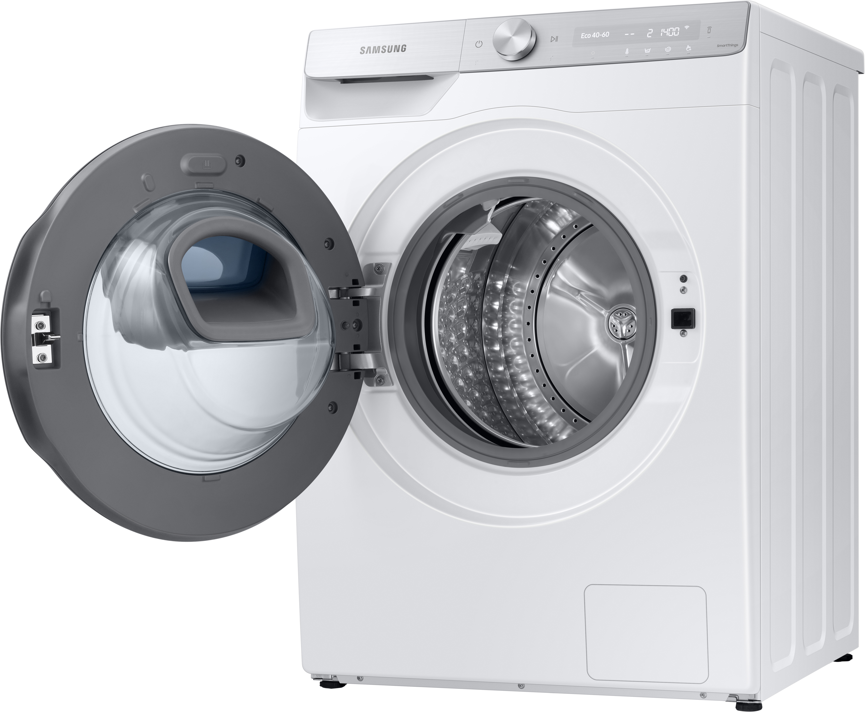 Lavatrice Samsung bianca con porta aperta, mostra il cestello.