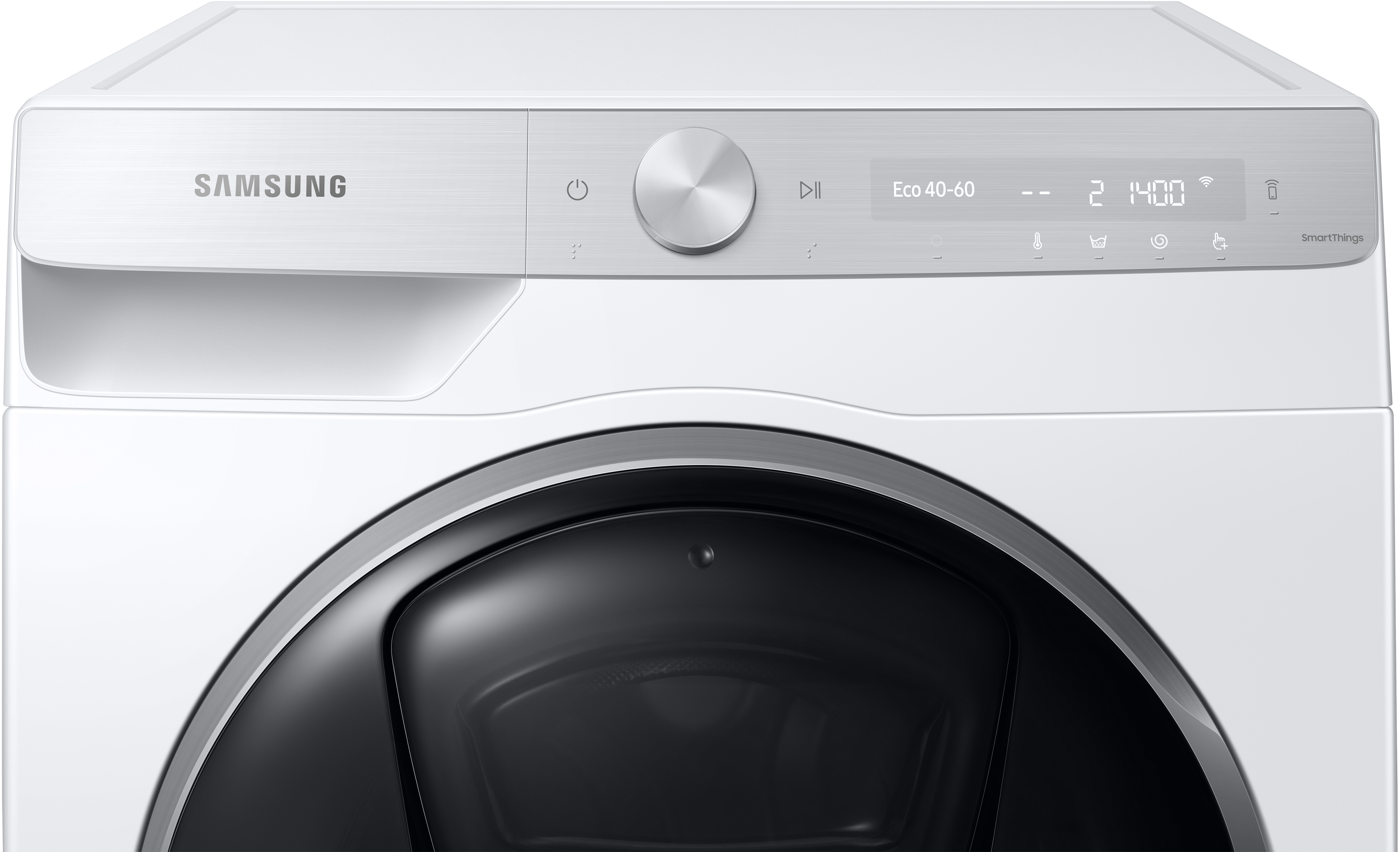 Lavatrice Samsung bianca. Ha una porta nera e un pannello di controllo argentato con quadrante e display digitale.