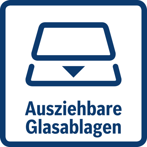 Blaues Quadrat mit weißem Icon und deutschem Text: Ausziehbare Glasablagen.