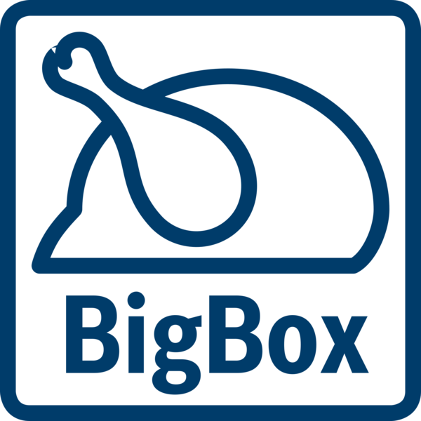BigBox-Logo, ein blauer Quadrat mit Hähnchenschenkel-Umriss und dem Wort 'BigBox'.