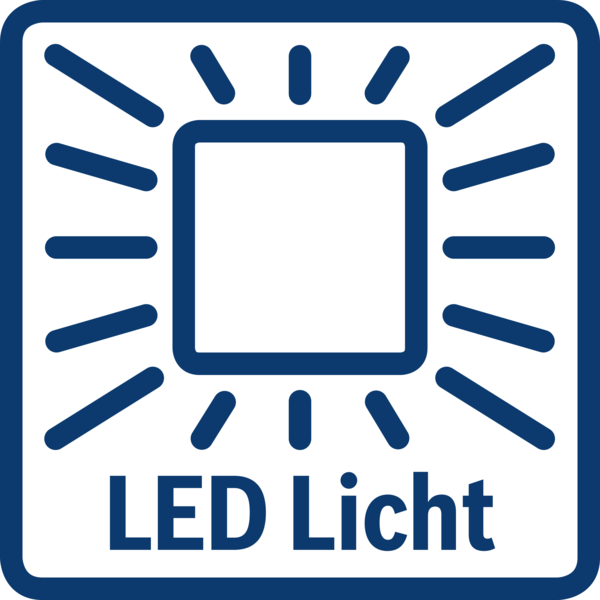 Ein blaues Quadrat mit einem weißen Quadrat im Inneren und strahlenden Linien; LED Licht.