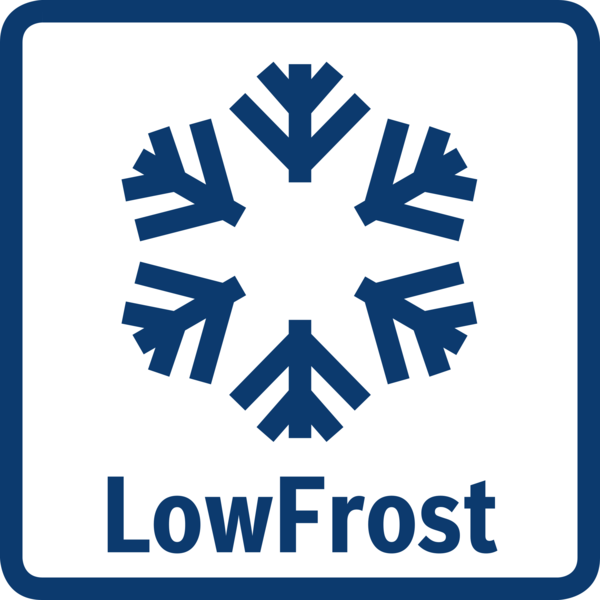 Ein blaues Quadrat mit weißem Rand enthält ein Schneeflocken-Design und die Worte LowFrost.