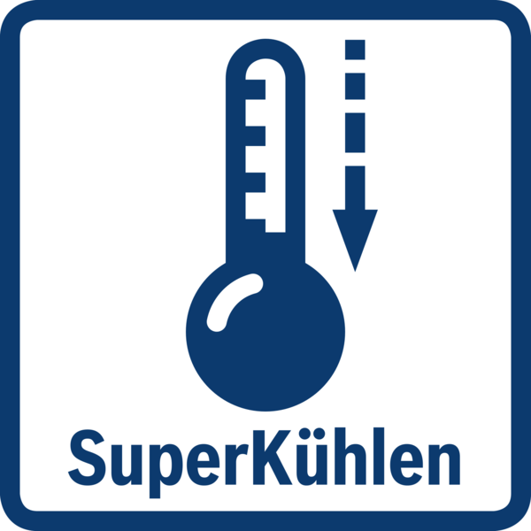 Ein blaues Quadrat mit einem Thermometer-Symbol, das Kälte anzeigt. Darunter steht das Wort 'SuperKühlen' in Weiß.